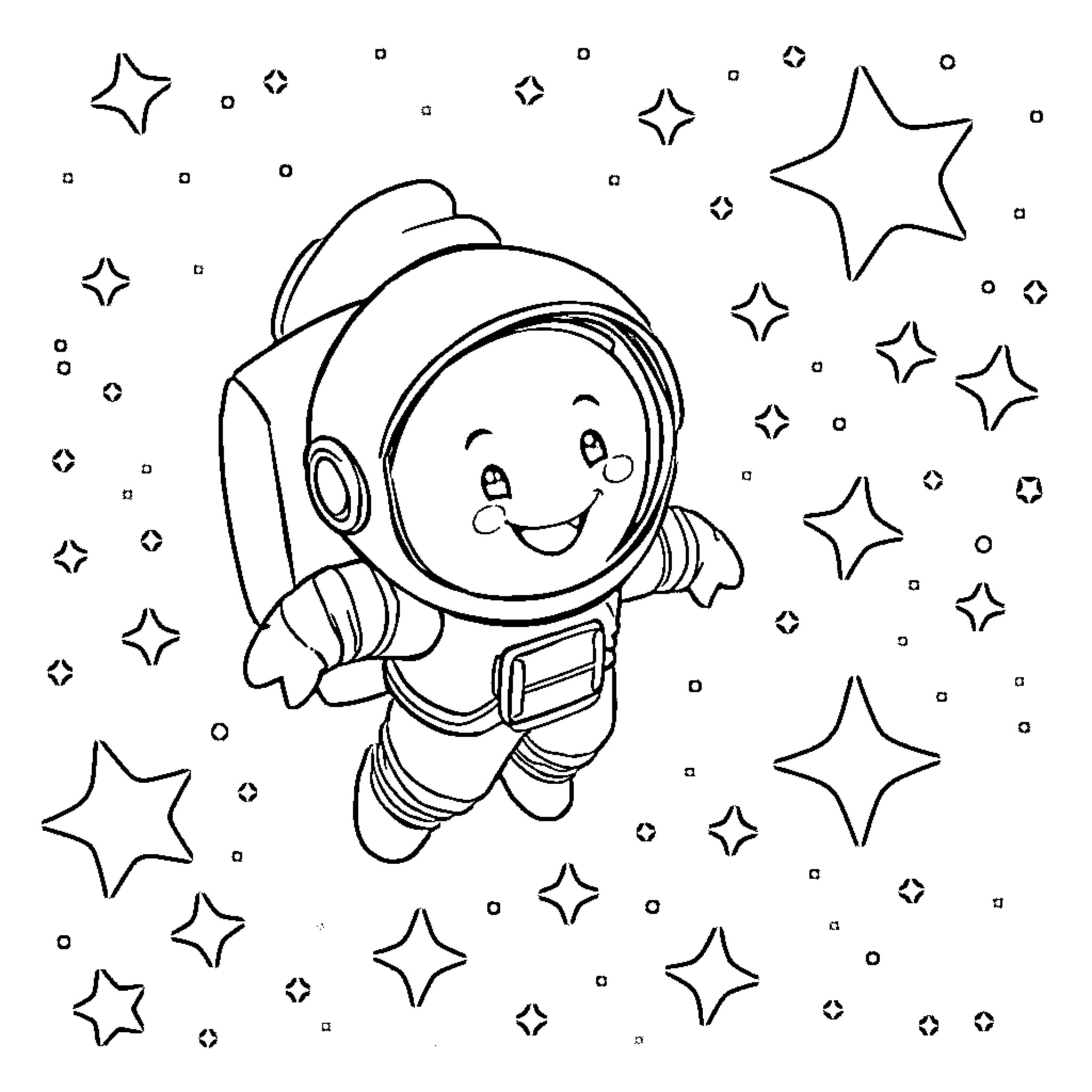Astronaut exploring the starry night sky Coloring Page (free black-and-white line drawing printable PDF for all, from beginners to advanced learners, including children, teens, adults, and seniors)