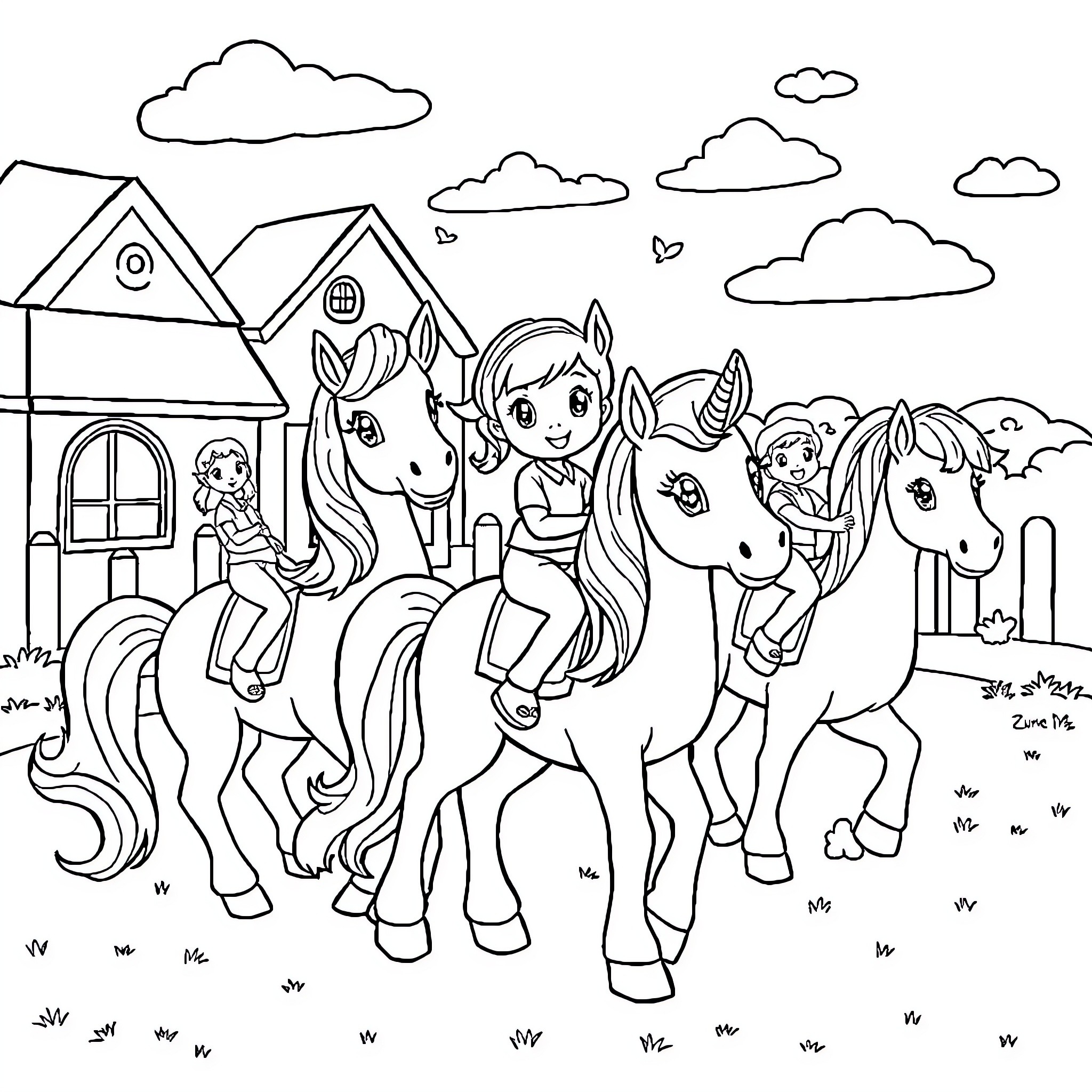 Pony adventure with cheerful companions Coloring Page (free black-and-white line drawing printable PDF for all, from beginners to advanced learners, including children, teens, adults, and seniors)