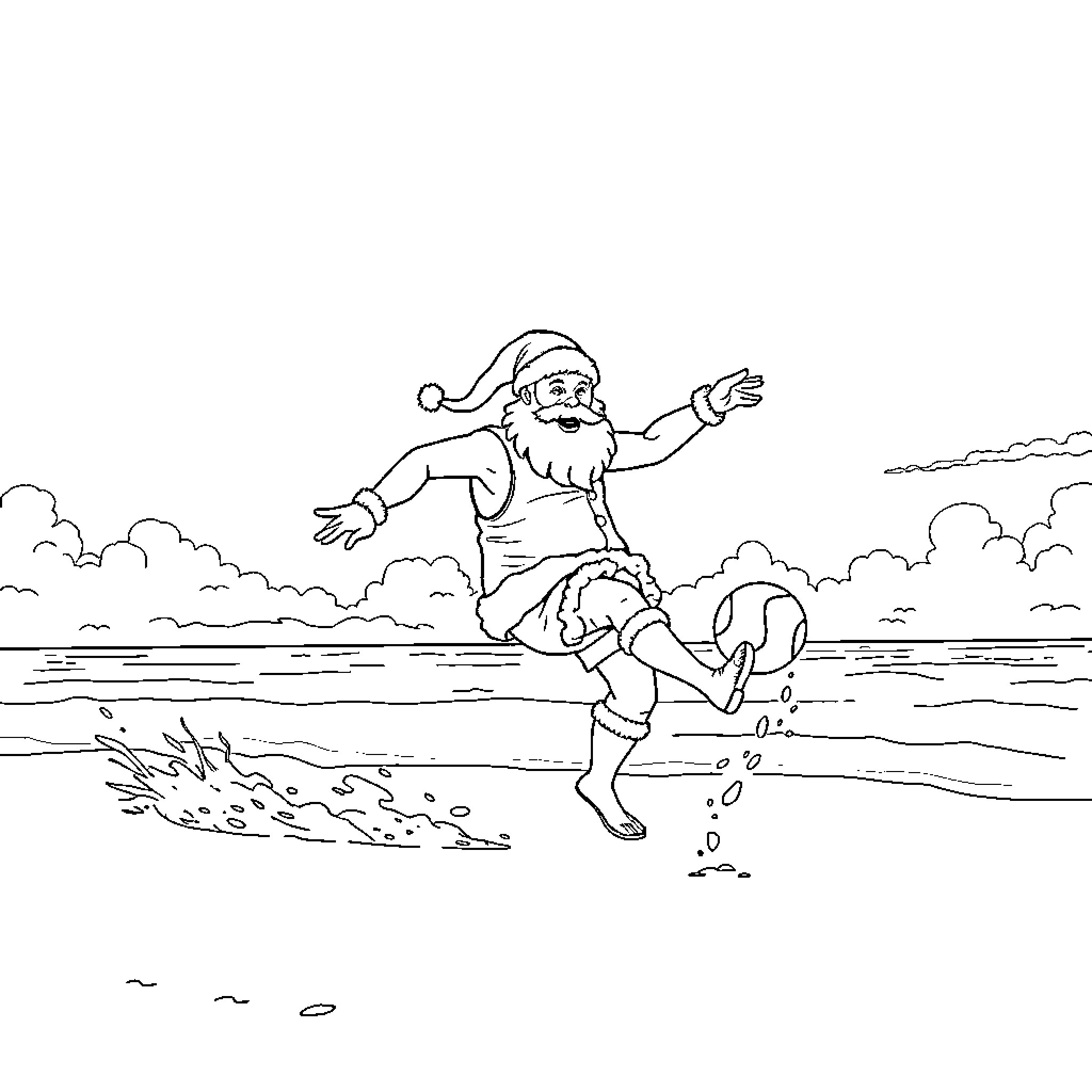 Santa Claus Frolicking in the Waves Coloring Page (free black-and-white line drawing printable PDF for all, from beginners to advanced learners, including children, teens, adults, and seniors)