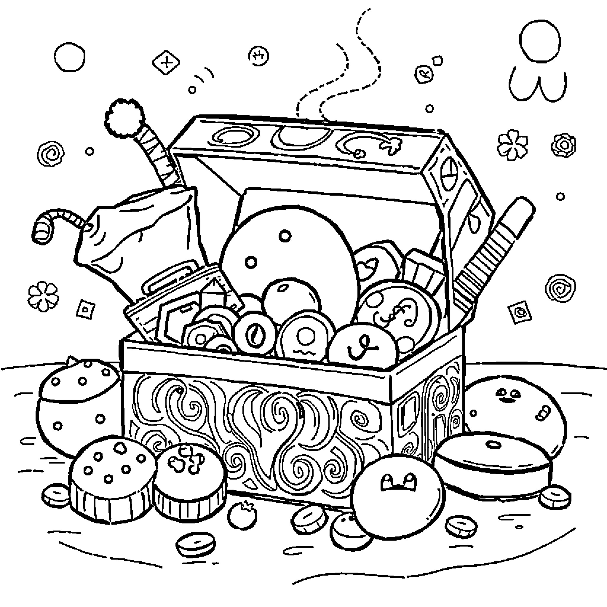 Lunbox of delightful treats and trinkets Coloring Page (free black-and-white line drawing printable PDF for all, from beginners to advanced learners, including children, teens, adults, and seniors)