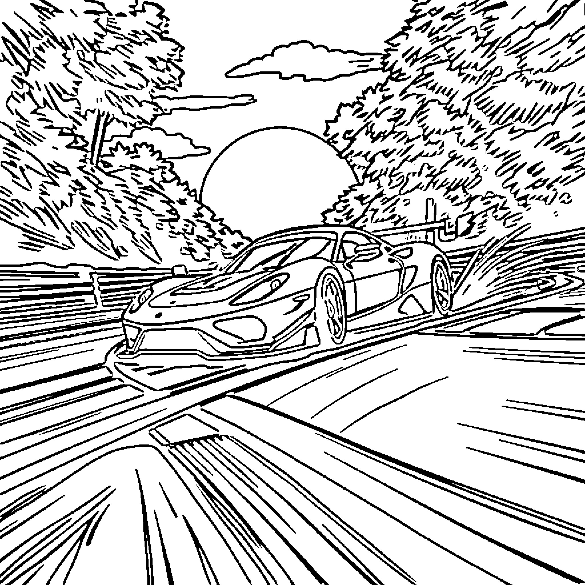 Racing Car speeding through scenic countryside Coloring Page (free black-and-white line drawing printable PDF for all, from beginners to advanced learners, including children, teens, adults, and seniors)