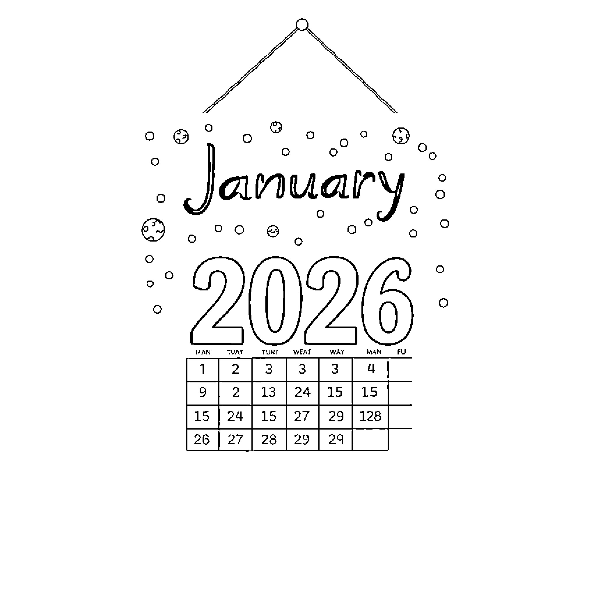 Calendar displaying January 2026 Coloring Page (free black-and-white line drawing printable PDF for all, from beginners to advanced learners, including children, teens, adults, and seniors)