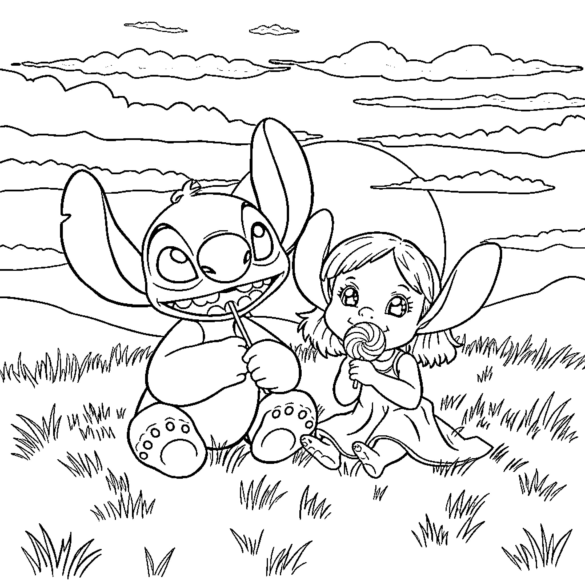 Lilo plays cheerfully with her friend Stitch Coloring Page (free black-and-white line drawing printable PDF for all, from beginners to advanced learners, including children, teens, adults, and seniors)