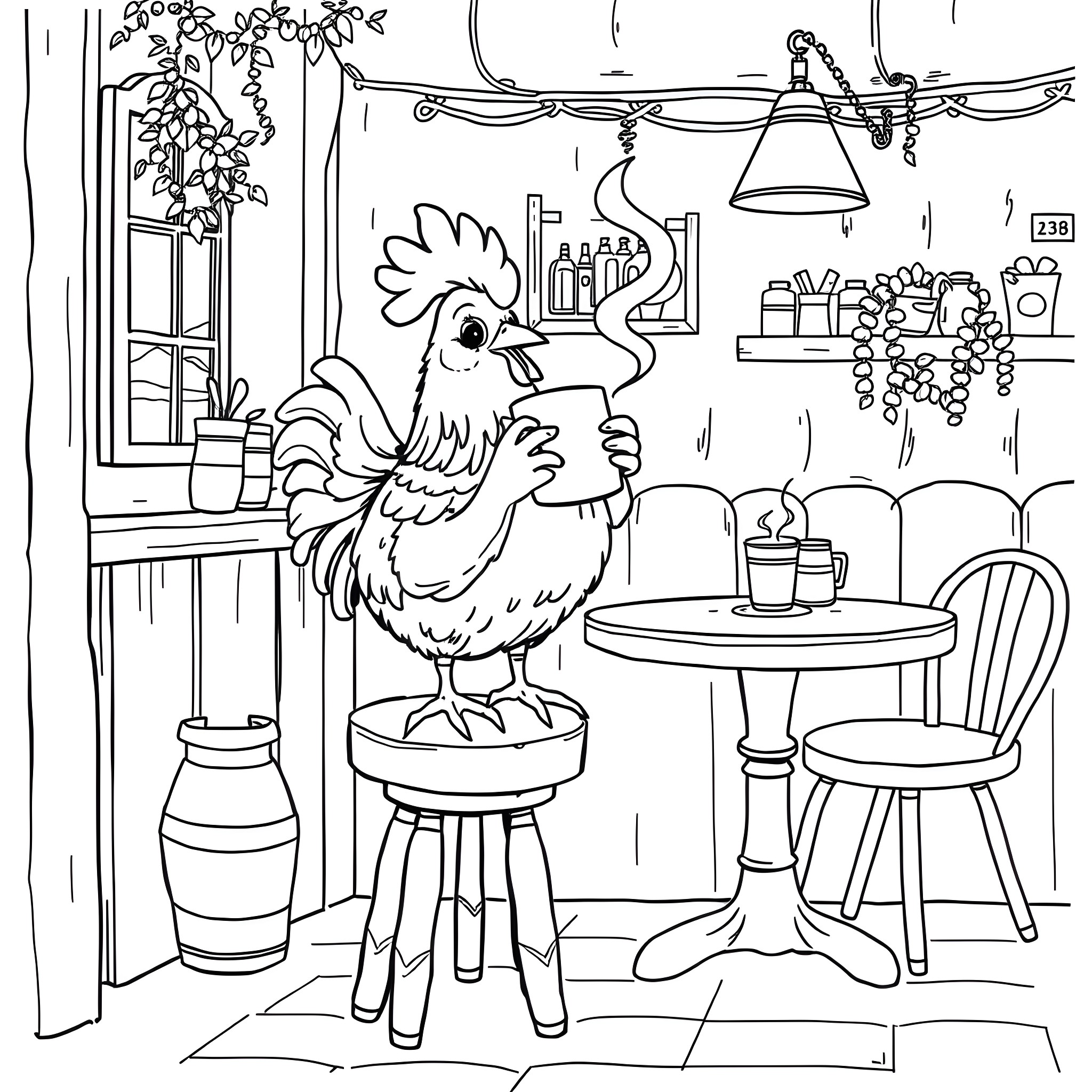 Chicken enjoying a cozy kitchen scene Coloring Page (free black-and-white line drawing printable PDF for all, from beginners to advanced learners, including children, teens, adults, and seniors)