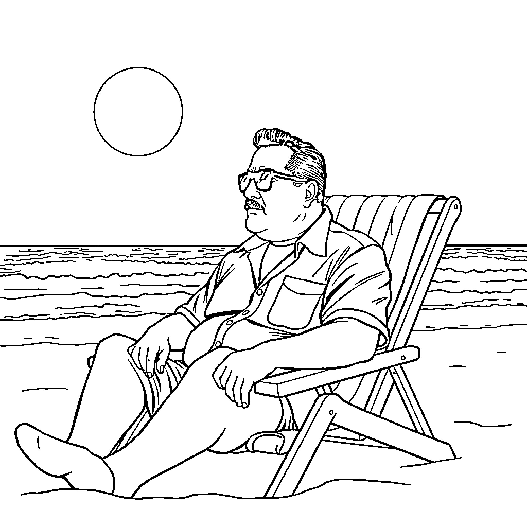Tony Soprano relaxing on a beach chair Coloring Page (free black-and-white line drawing printable PDF for all, from beginners to advanced learners, including children, teens, adults, and seniors)