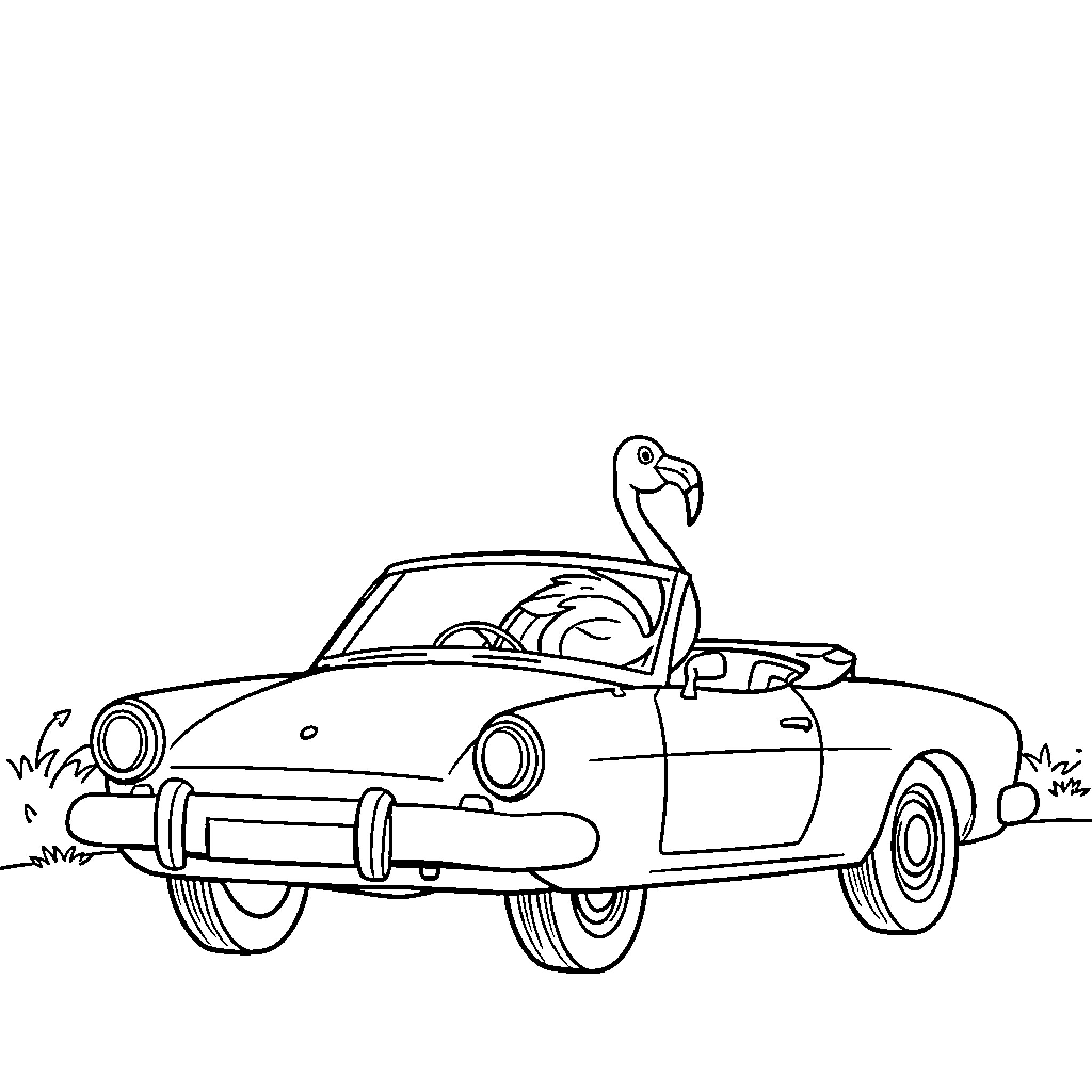Flamingo driving a vintage convertible car Coloring Page (free black-and-white line drawing printable PDF for all, from beginners to advanced learners, including children, teens, adults, and seniors)