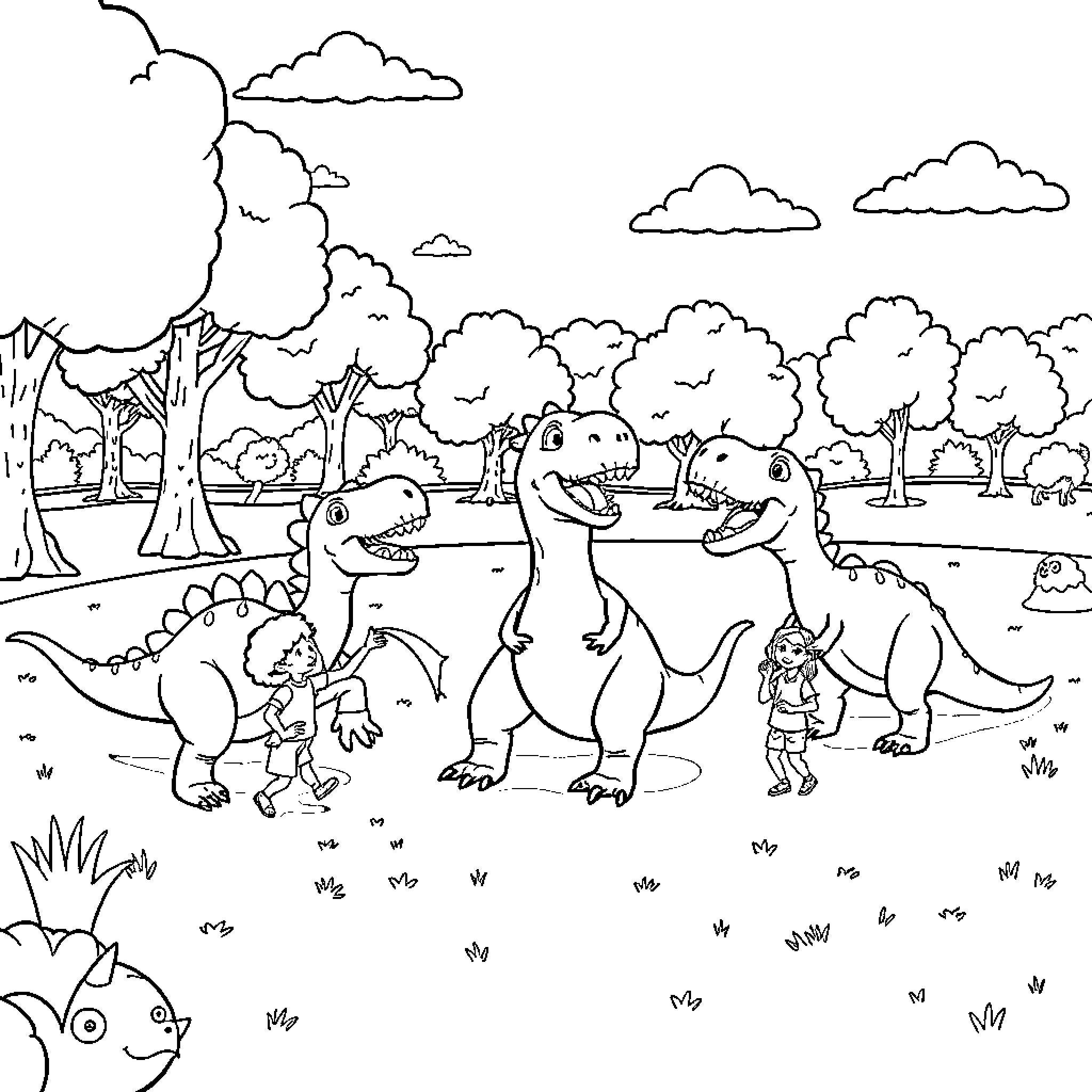 Dinosaurs exploring a lush forest landscape Coloring Page (free black-and-white line drawing printable PDF for all, from beginners to advanced learners, including children, teens, adults, and seniors)