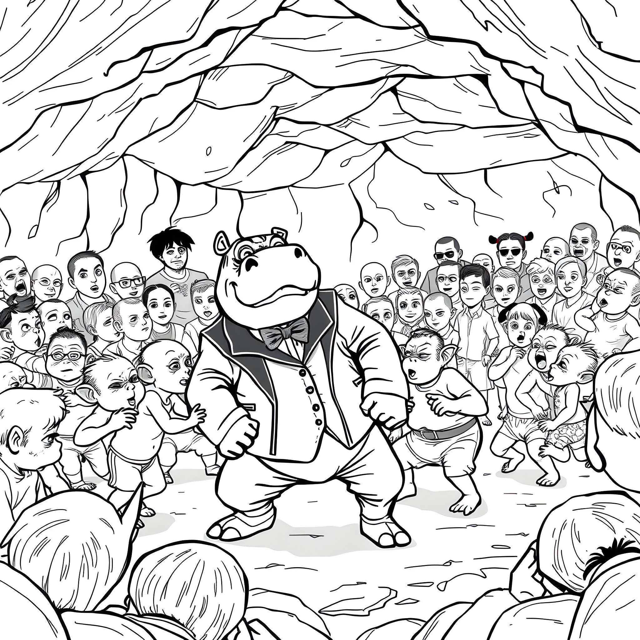 Hippo surrounded by a crowd in a fantastical setting Coloring Page (free black-and-white line drawing printable PDF for all, from beginners to advanced learners, including children, teens, adults, and seniors)