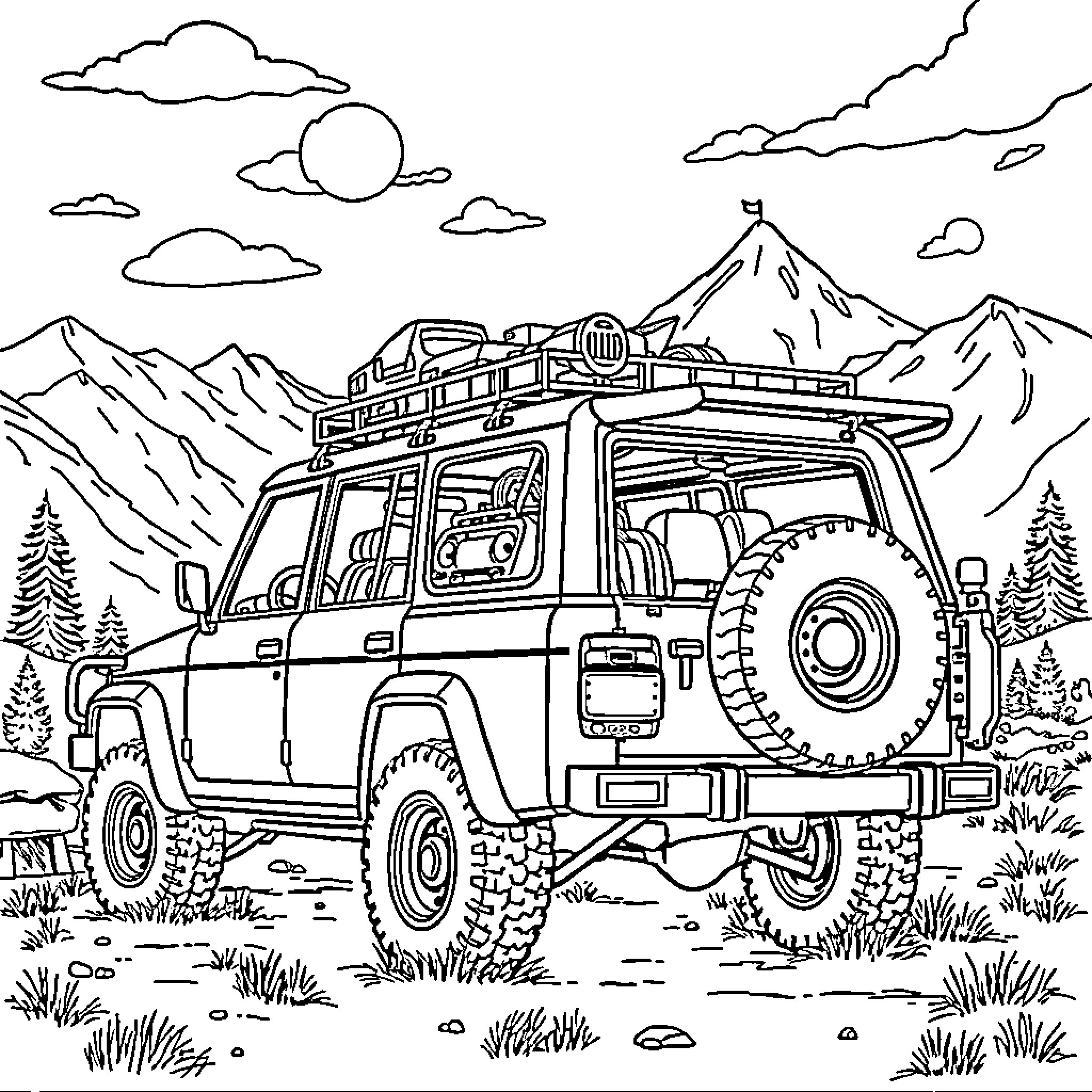 4wd adventure vehicle exploring rugged mountain terrain Coloring Page (free black-and-white line drawing printable PDF for all, from beginners to advanced learners, including children, teens, adults, and seniors)
