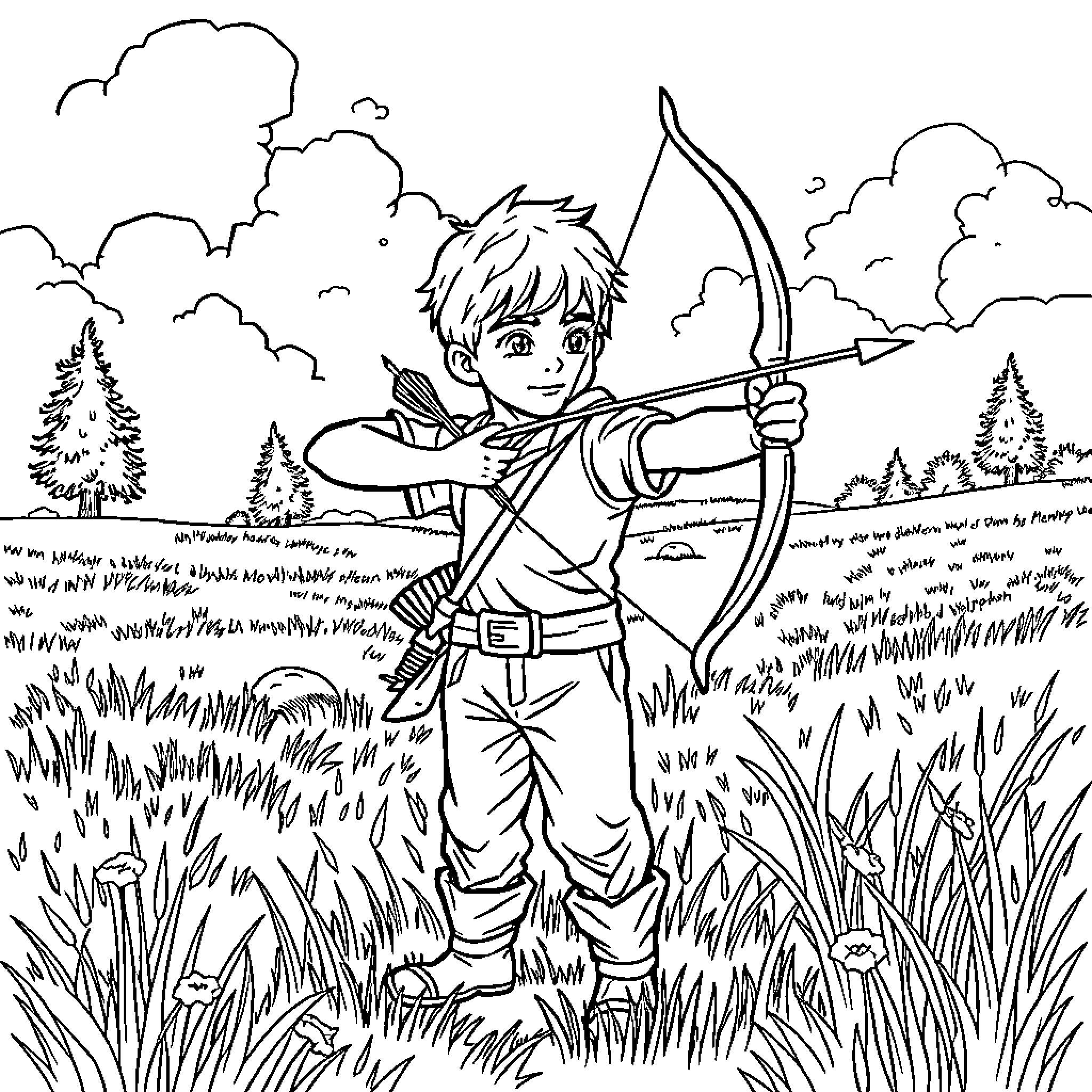 Boy aiming bow and arrow in forest landscape Coloring Page (free black-and-white line drawing printable PDF for all, from beginners to advanced learners, including children, teens, adults, and seniors)