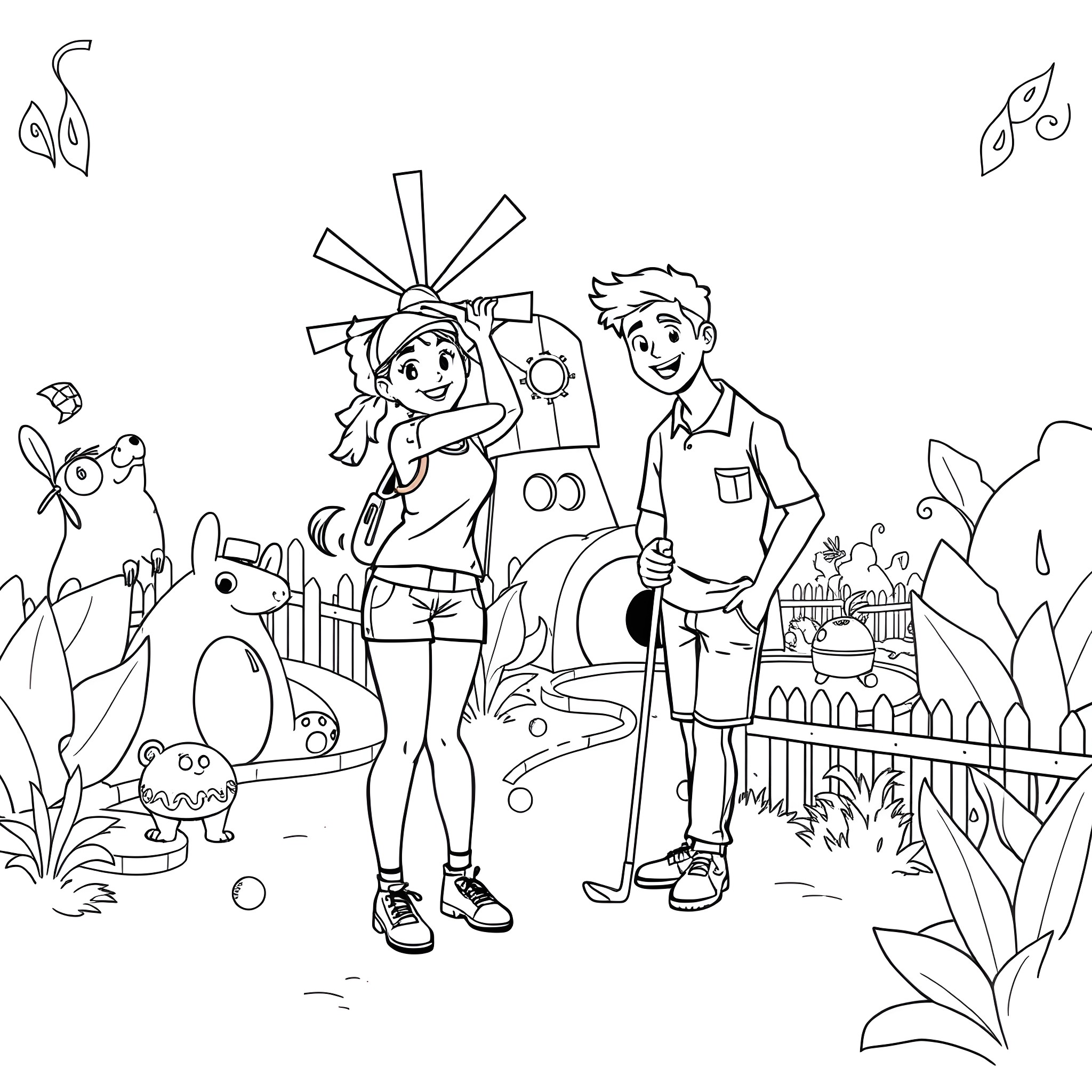 Mini Golf Adventure with Playful Characters Coloring Page (free black-and-white line drawing printable PDF for all, from beginners to advanced learners, including children, teens, adults, and seniors)