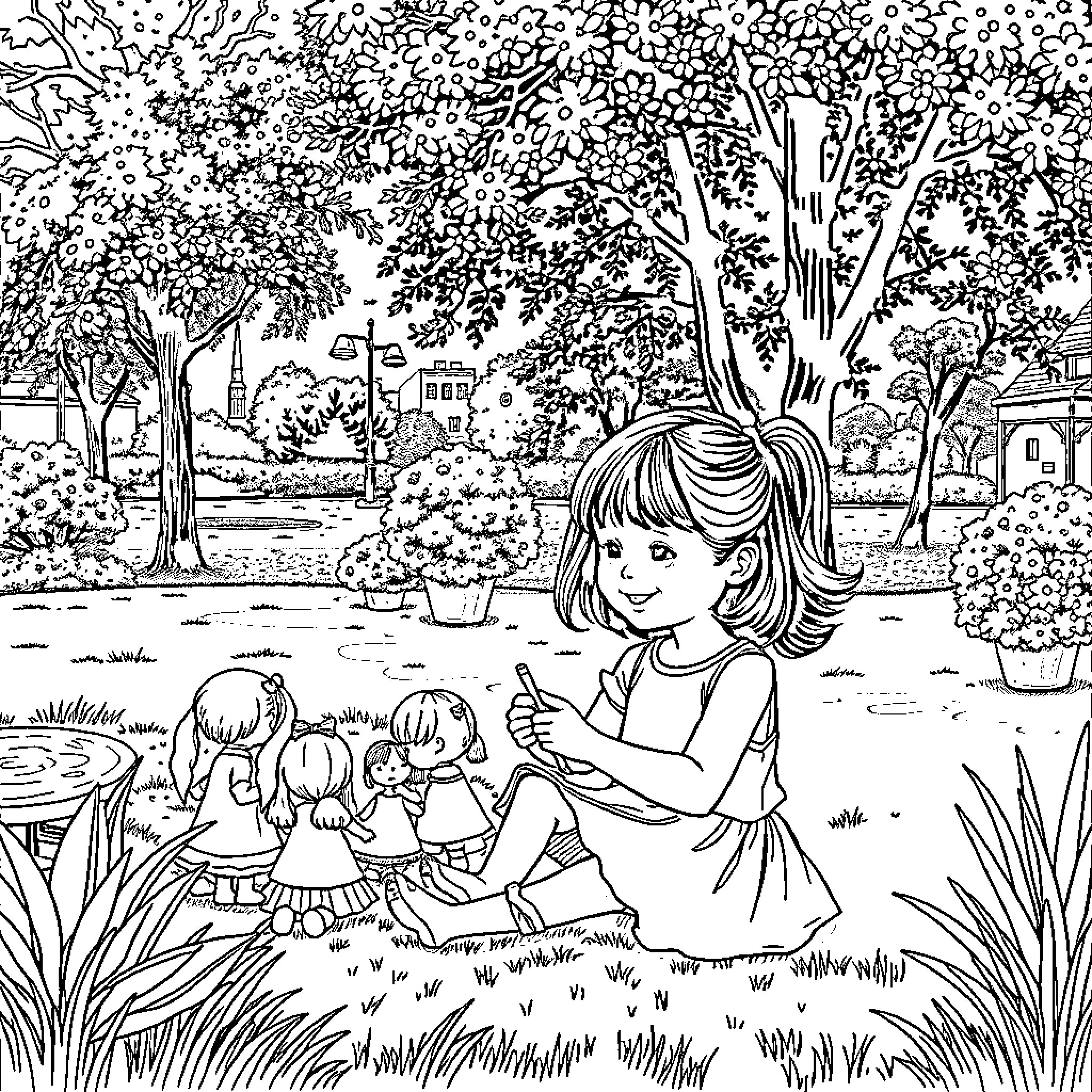 Girl Enjoying Nature in a Serene Garden Coloring Page (free black-and-white line drawing printable PDF for all, from beginners to advanced learners, including children, teens, adults, and seniors)