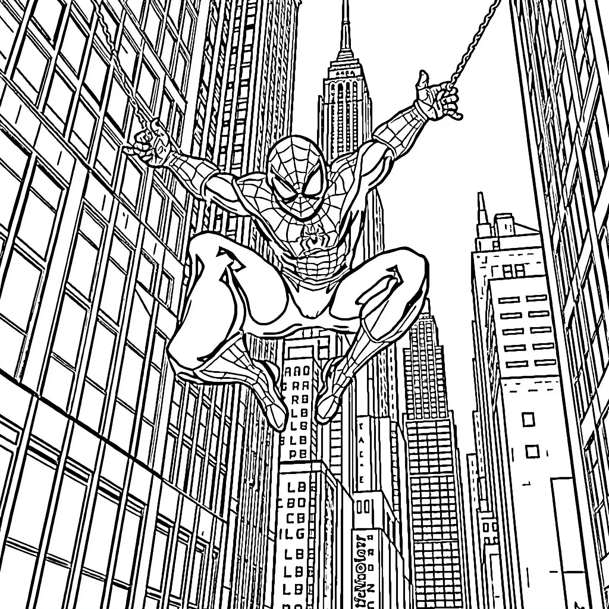 Spiderman swinging through the city skyline Coloring Page (free black-and-white line drawing printable PDF for all, from beginners to advanced learners, including children, teens, adults, and seniors)