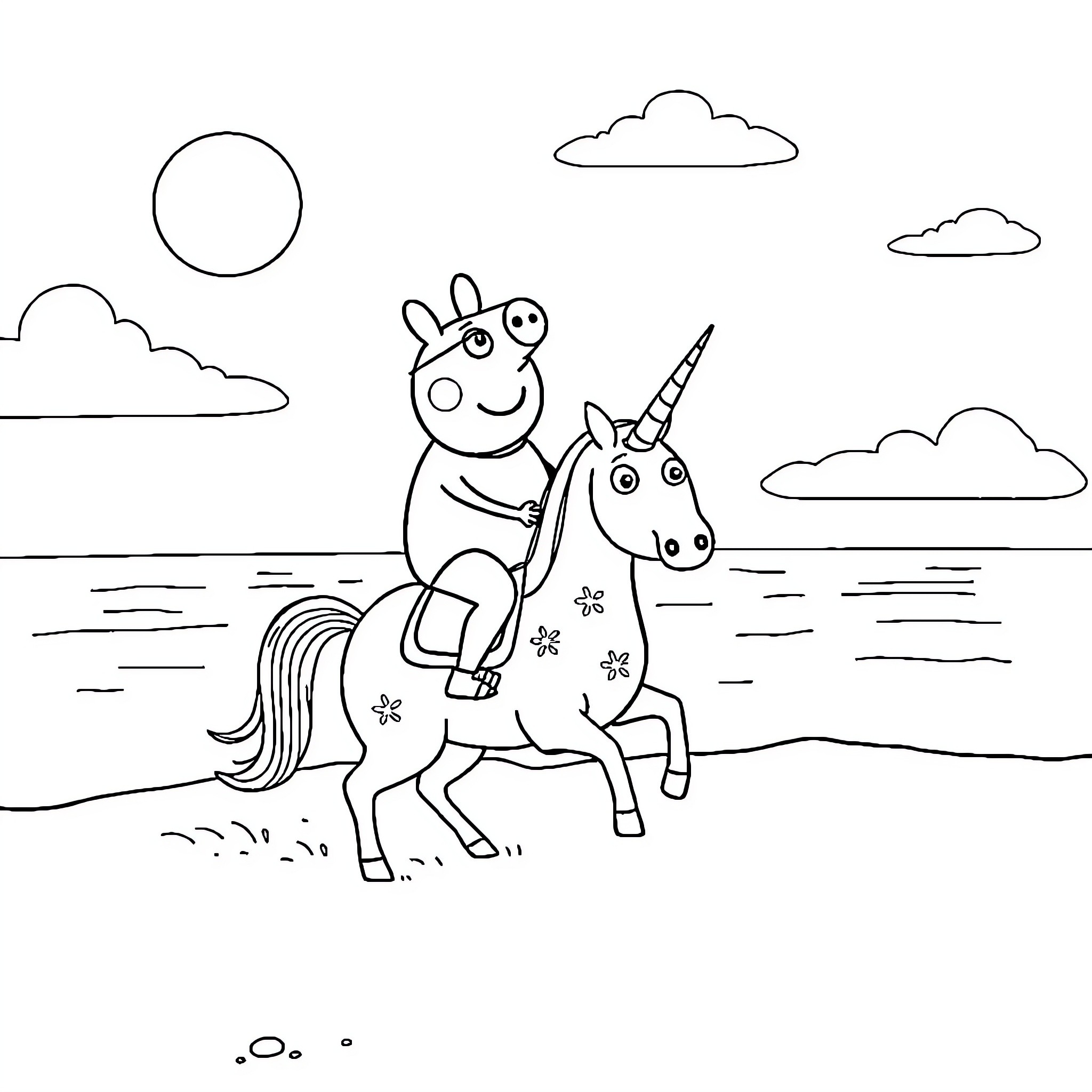 Unicorn Adventure with Peppa Pig Coloring Page (free black-and-white line drawing printable PDF for all, from beginners to advanced learners, including children, teens, adults, and seniors)