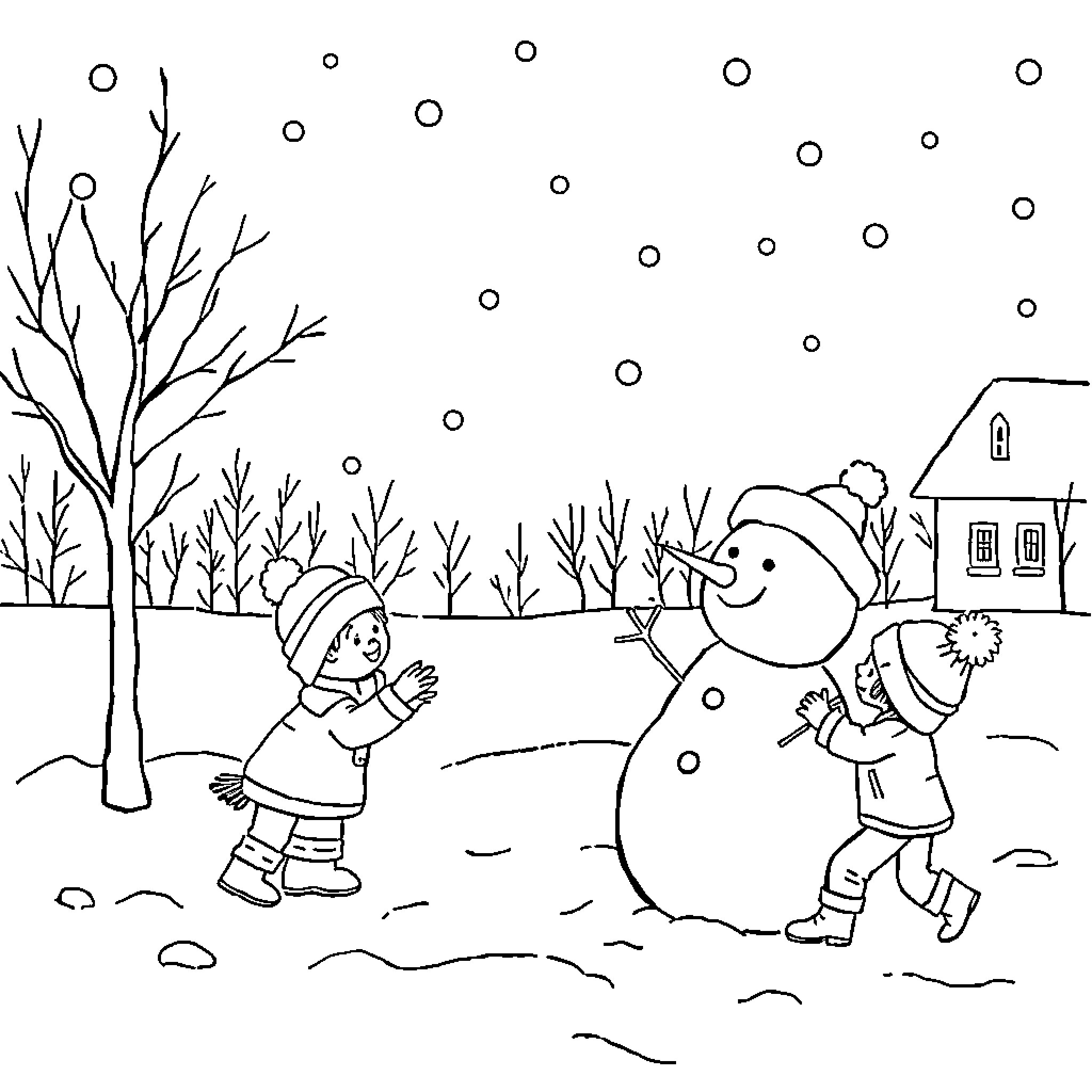 Winter children playing with snowman in snowy landscape Coloring Page (free black-and-white line drawing printable PDF for all, from beginners to advanced learners, including children, teens, adults, and seniors)