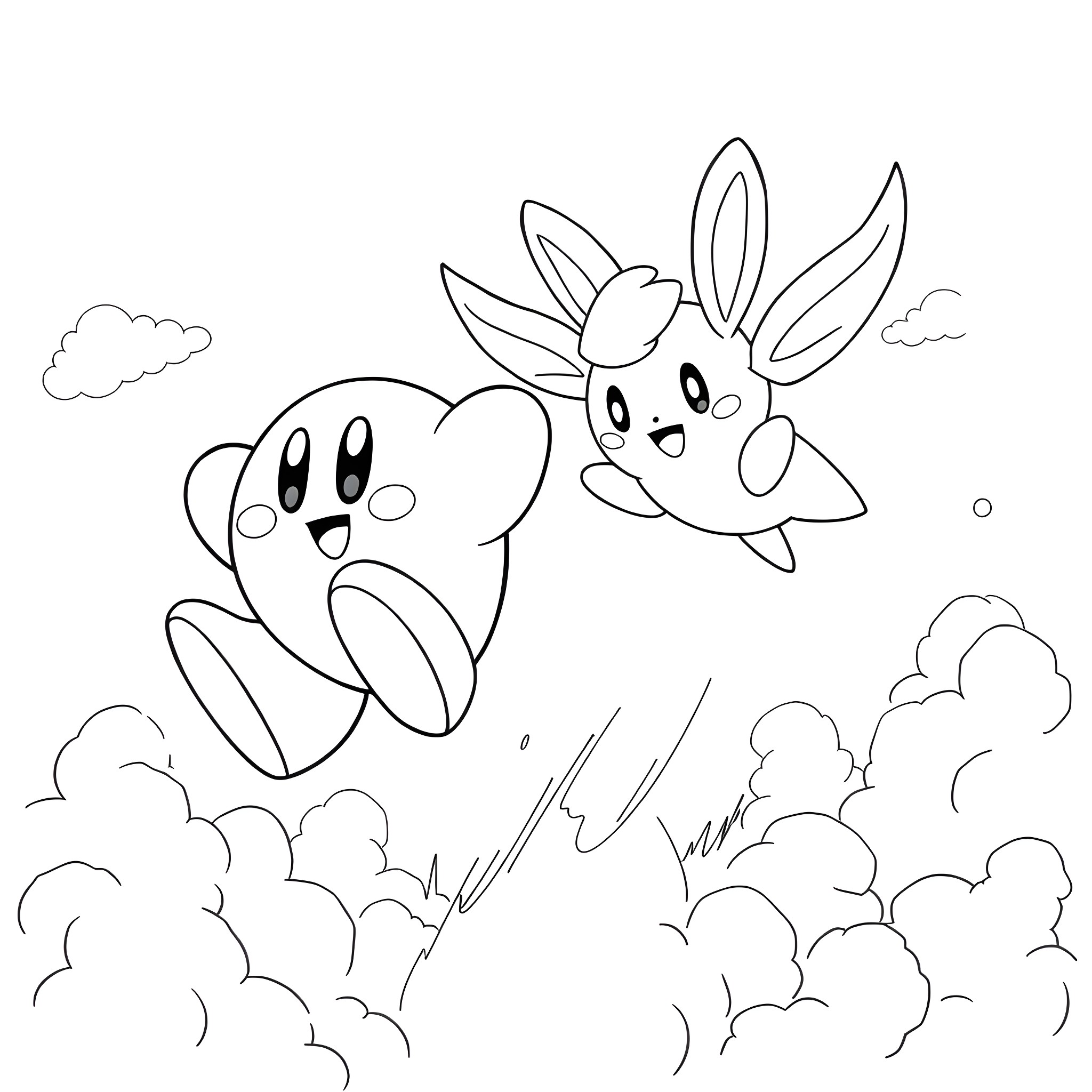 Kirby and Lopunny flying through the clouds Coloring Page (free black-and-white line drawing printable PDF for all, from beginners to advanced learners, including children, teens, adults, and seniors)