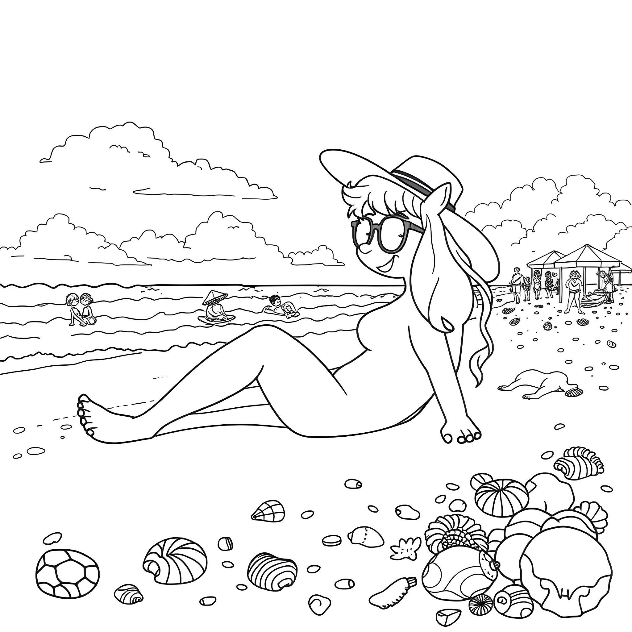 Velma lounging on the beach surrounded by shells Coloring Page (free black-and-white line drawing printable PDF for all, from beginners to advanced learners, including children, teens, adults, and seniors)