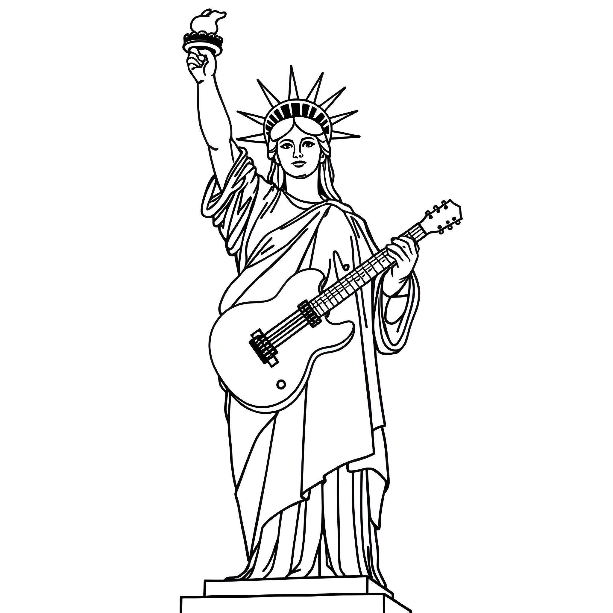 Guitar-playing Statue of Liberty Coloring Page (free black-and-white line drawing printable PDF for all, from beginners to advanced learners, including children, teens, adults, and seniors)