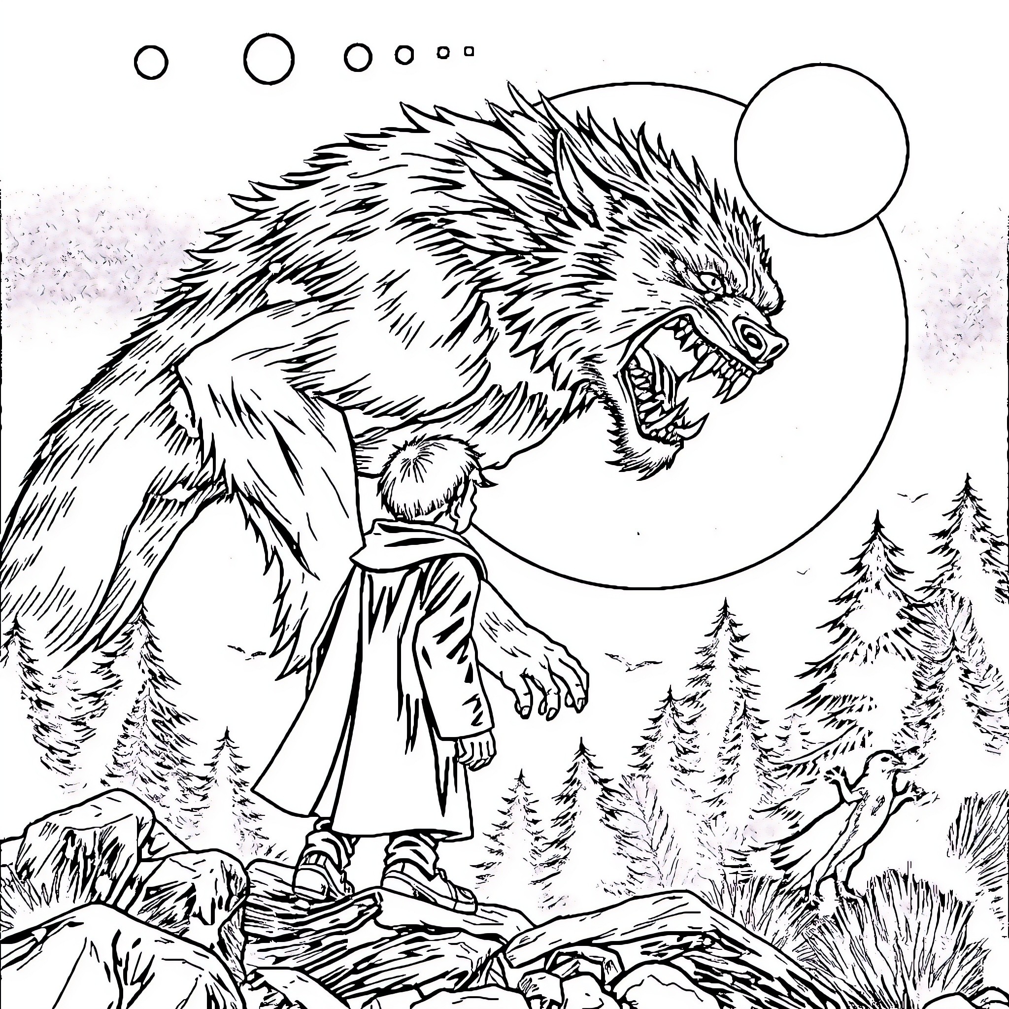 Werewolf stalking a hooded figure in the wilderness Coloring Page (free black-and-white line drawing printable PDF for all, from beginners to advanced learners, including children, teens, adults, and seniors)