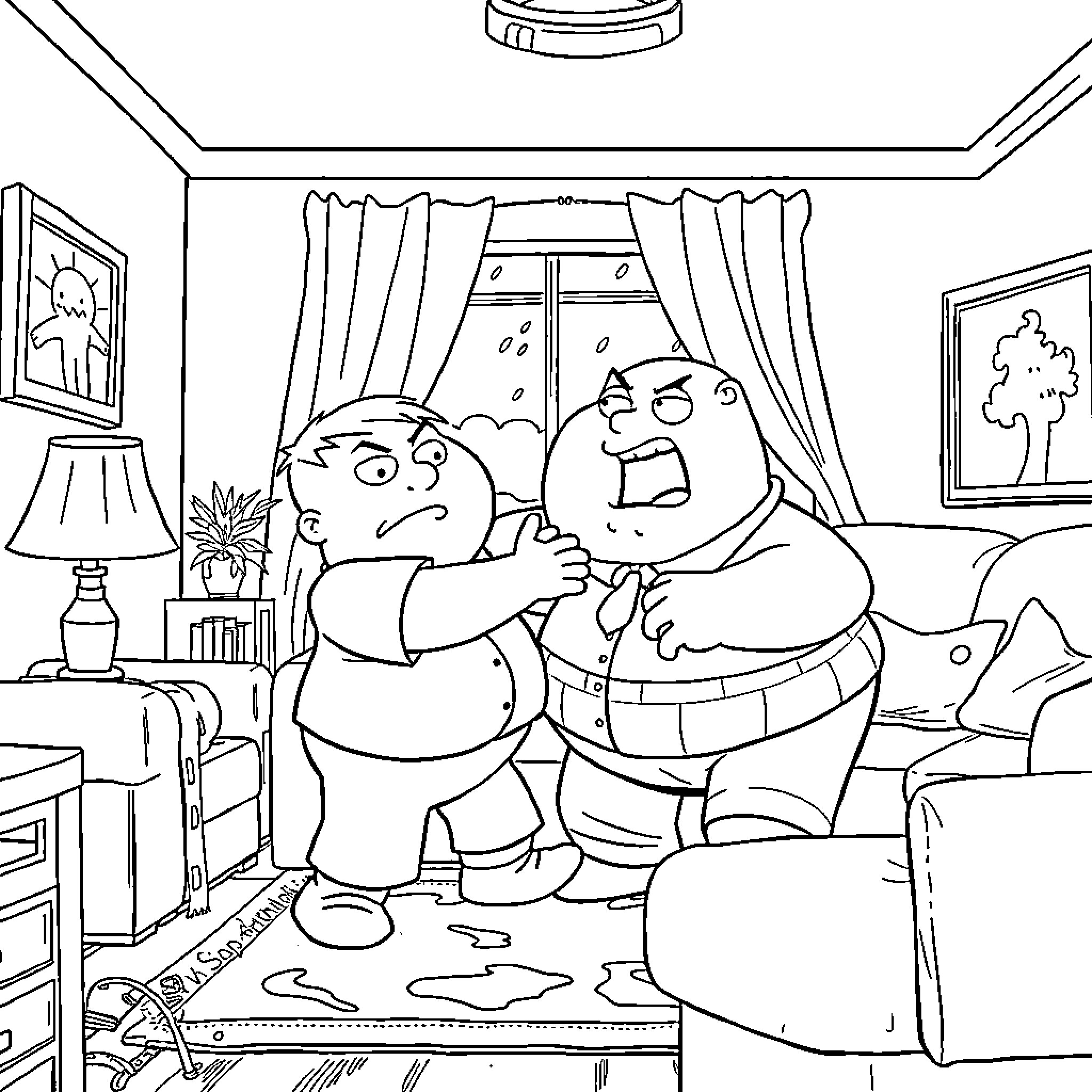 Stewie Griffin in a mischievous moment at home Coloring Page (free black-and-white line drawing printable PDF for all, from beginners to advanced learners, including children, teens, adults, and seniors)
