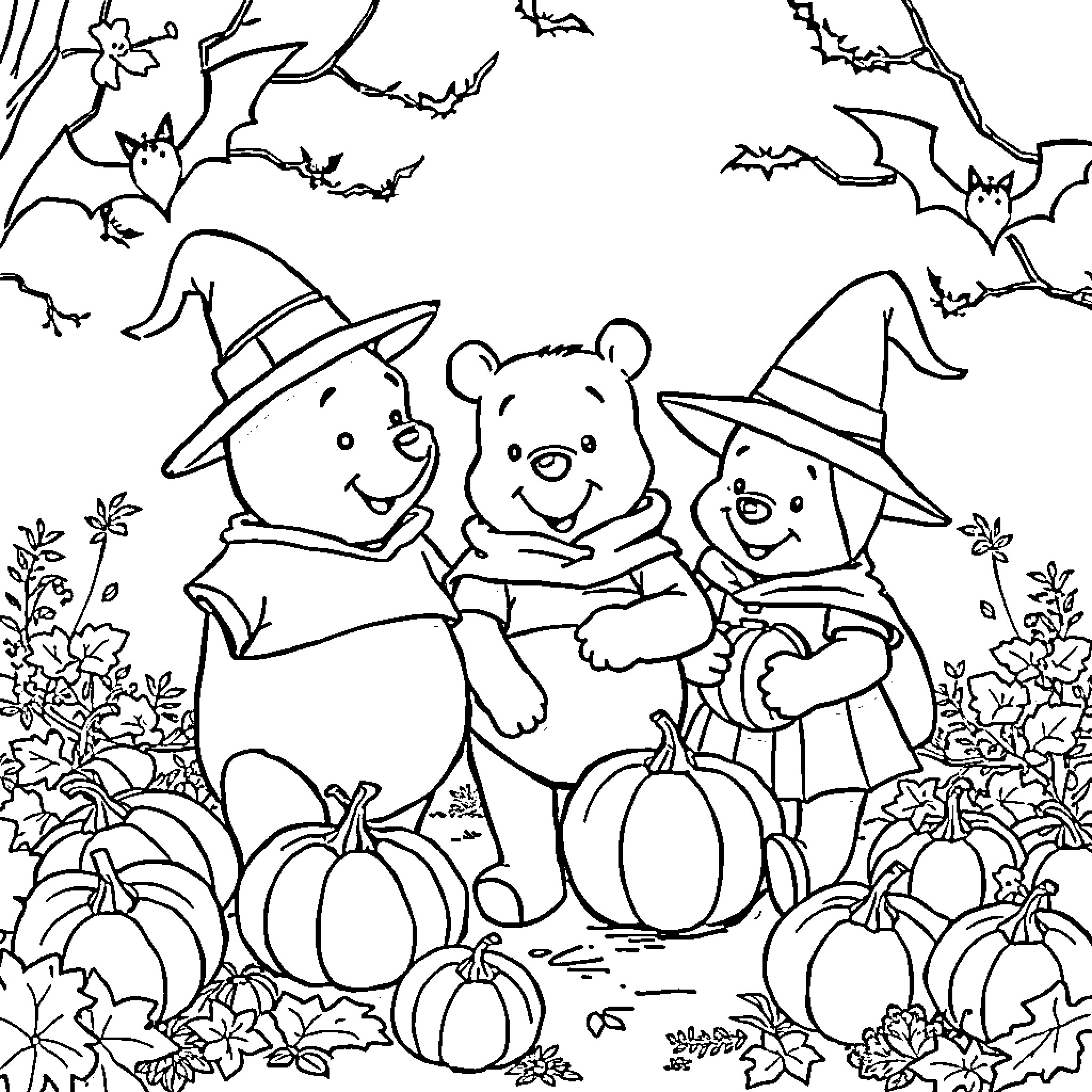 Winnie The Pooh and Friends Enjoying Halloween Festivities Coloring Page (free black-and-white line drawing printable PDF for all, from beginners to advanced learners, including children, teens, adults, and seniors)
