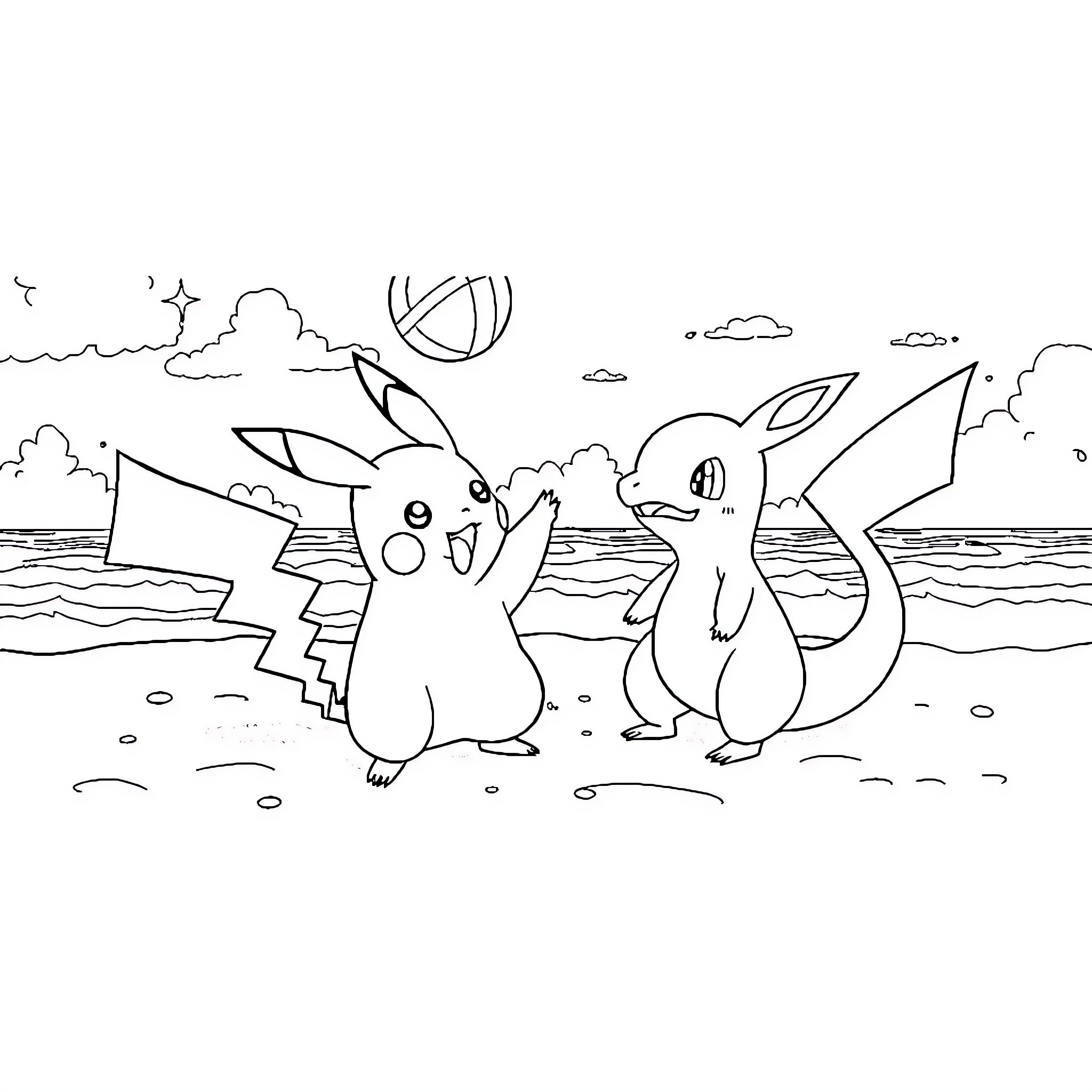 Pikachu and Charmander playing on the beach Coloring Page (free black-and-white line drawing printable PDF for all, from beginners to advanced learners, including children, teens, adults, and seniors)
