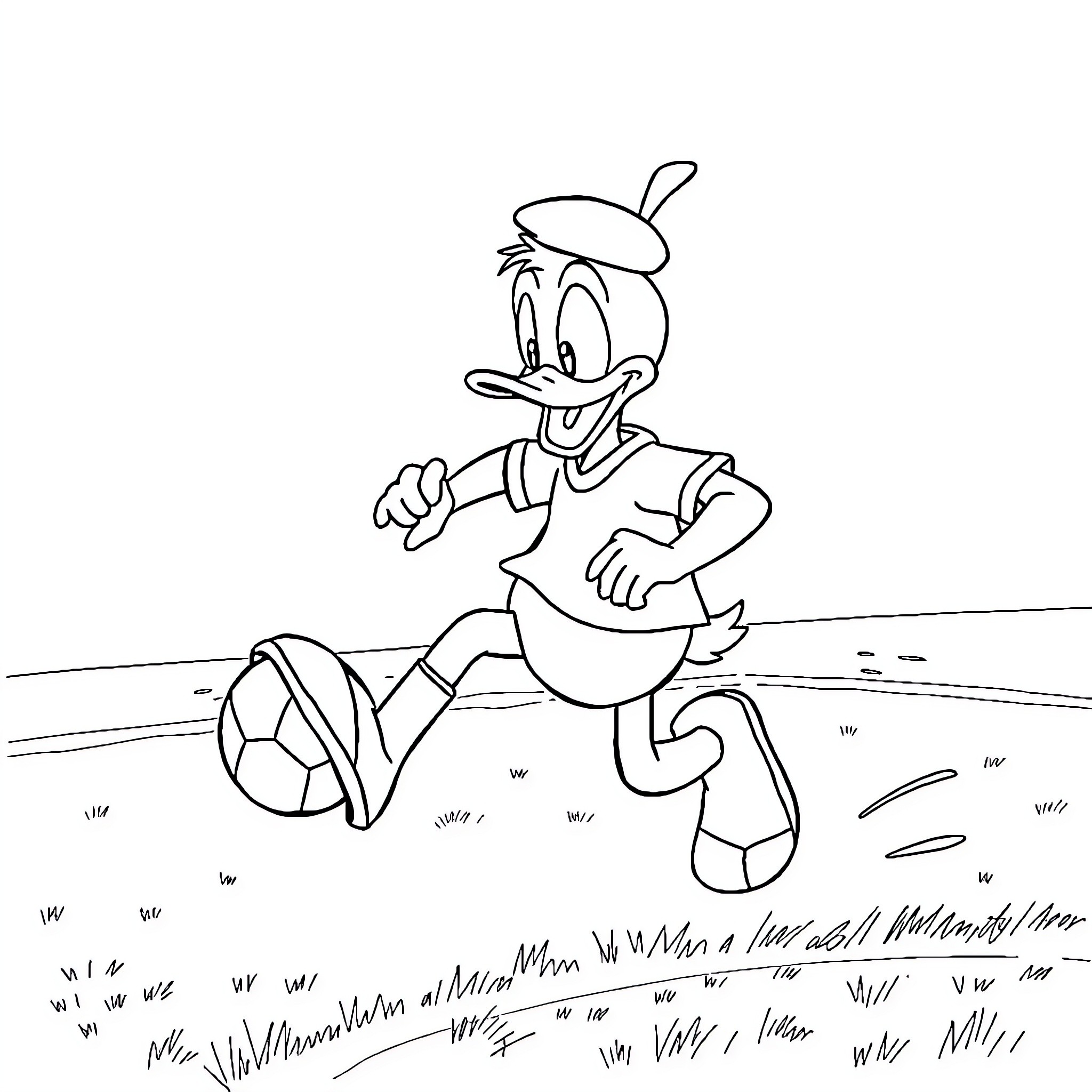 Donald Duck playing with soccer ball on field Coloring Page (free black-and-white line drawing printable PDF for all, from beginners to advanced learners, including children, teens, adults, and seniors)