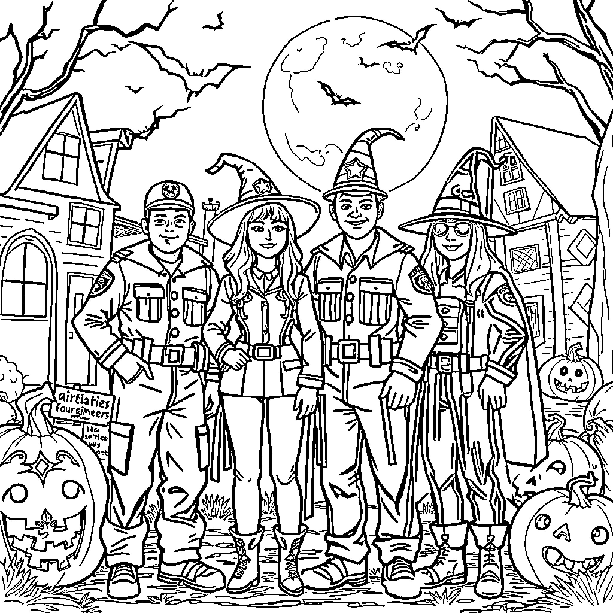 Air Force personnel in Halloween costumes and setting Coloring Page (free black-and-white line drawing printable PDF for all, from beginners to advanced learners, including children, teens, adults, and seniors)