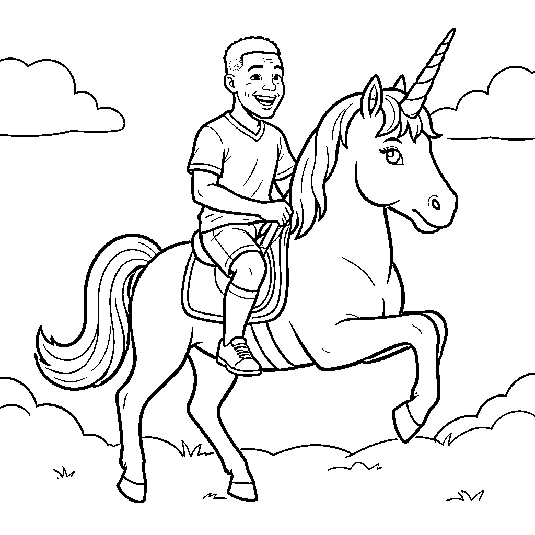 Mbappe riding a magical unicorn through the clouds Coloring Page (free black-and-white line drawing printable PDF for all, from beginners to advanced learners, including children, teens, adults, and seniors)