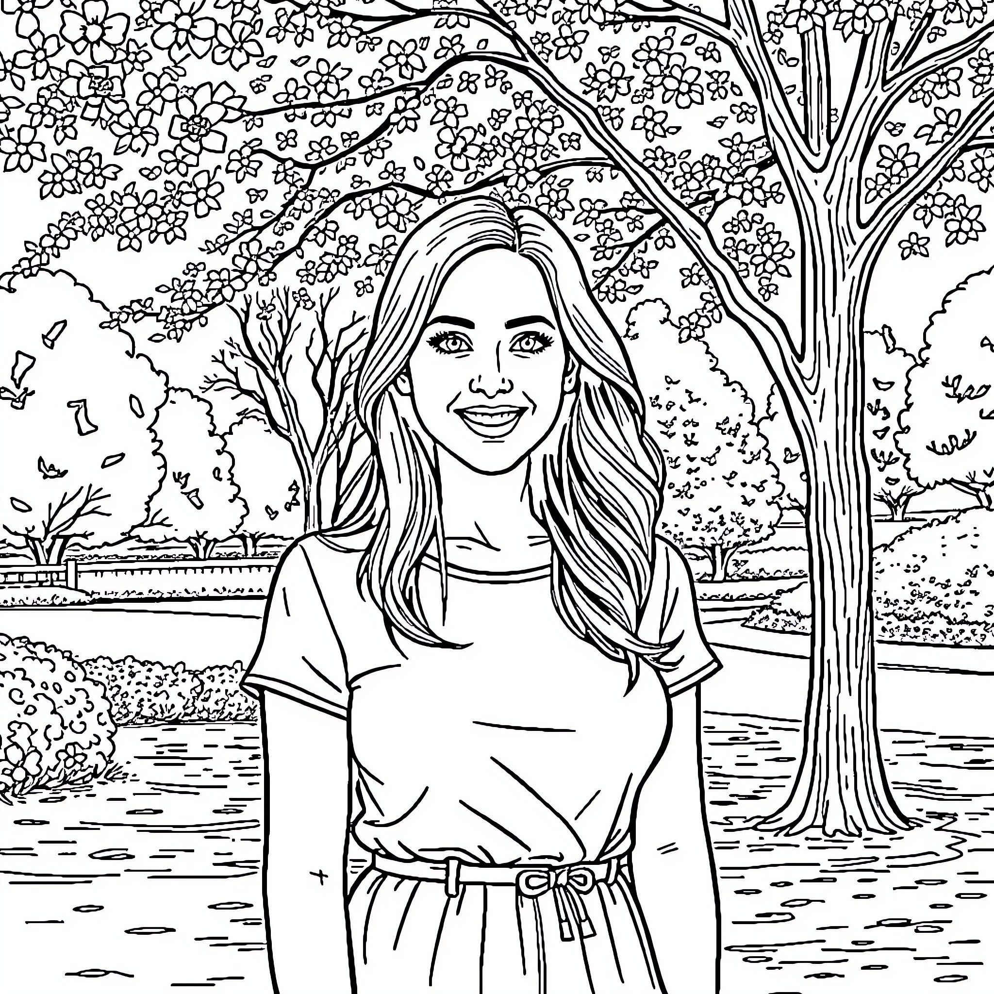 Leanna Decker enjoying a serene outdoor scene Coloring Page (free black-and-white line drawing printable PDF for all, from beginners to advanced learners, including children, teens, adults, and seniors)