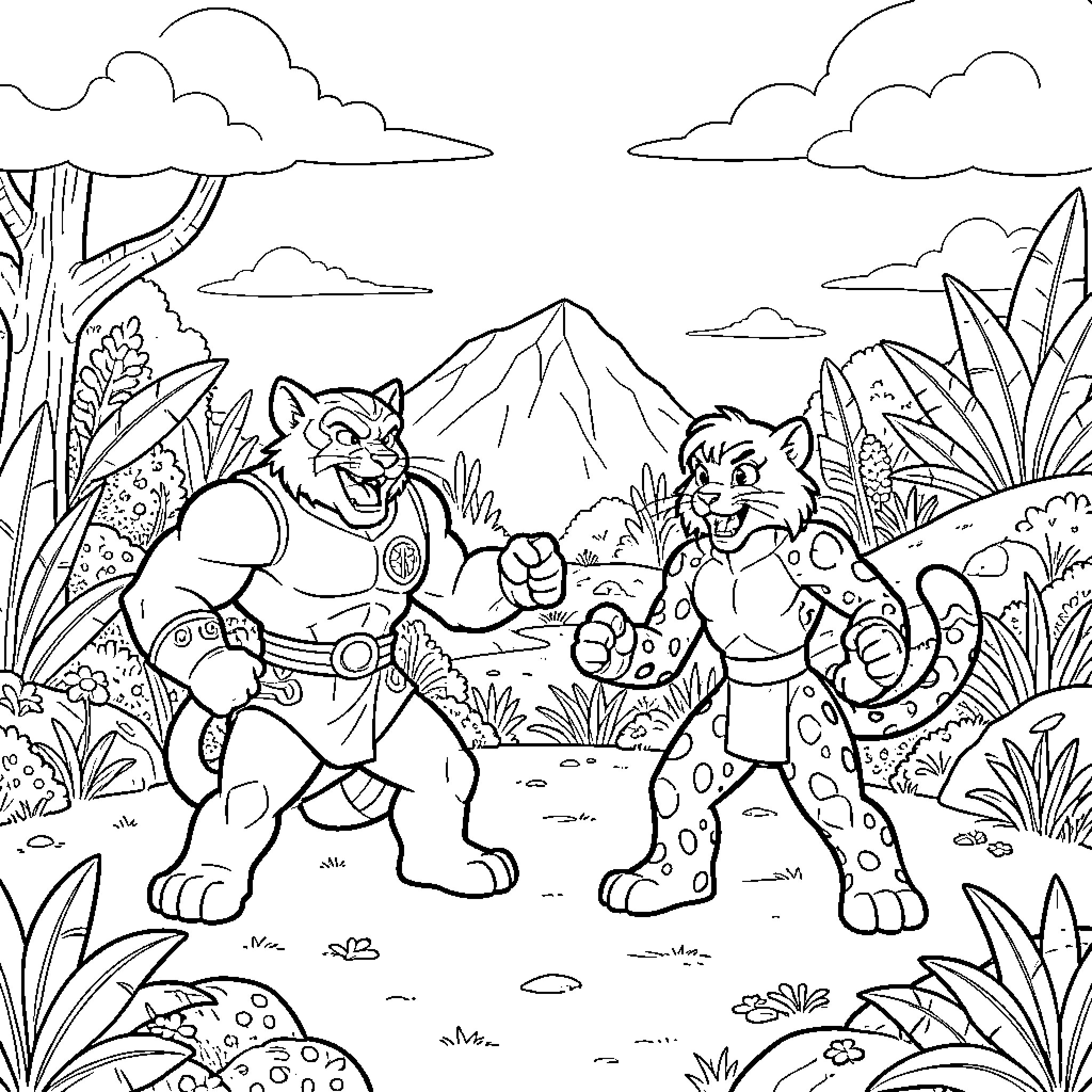Thundercat Warriors in the Jungle Landscape Coloring Page (free black-and-white line drawing printable PDF for all, from beginners to advanced learners, including children, teens, adults, and seniors)