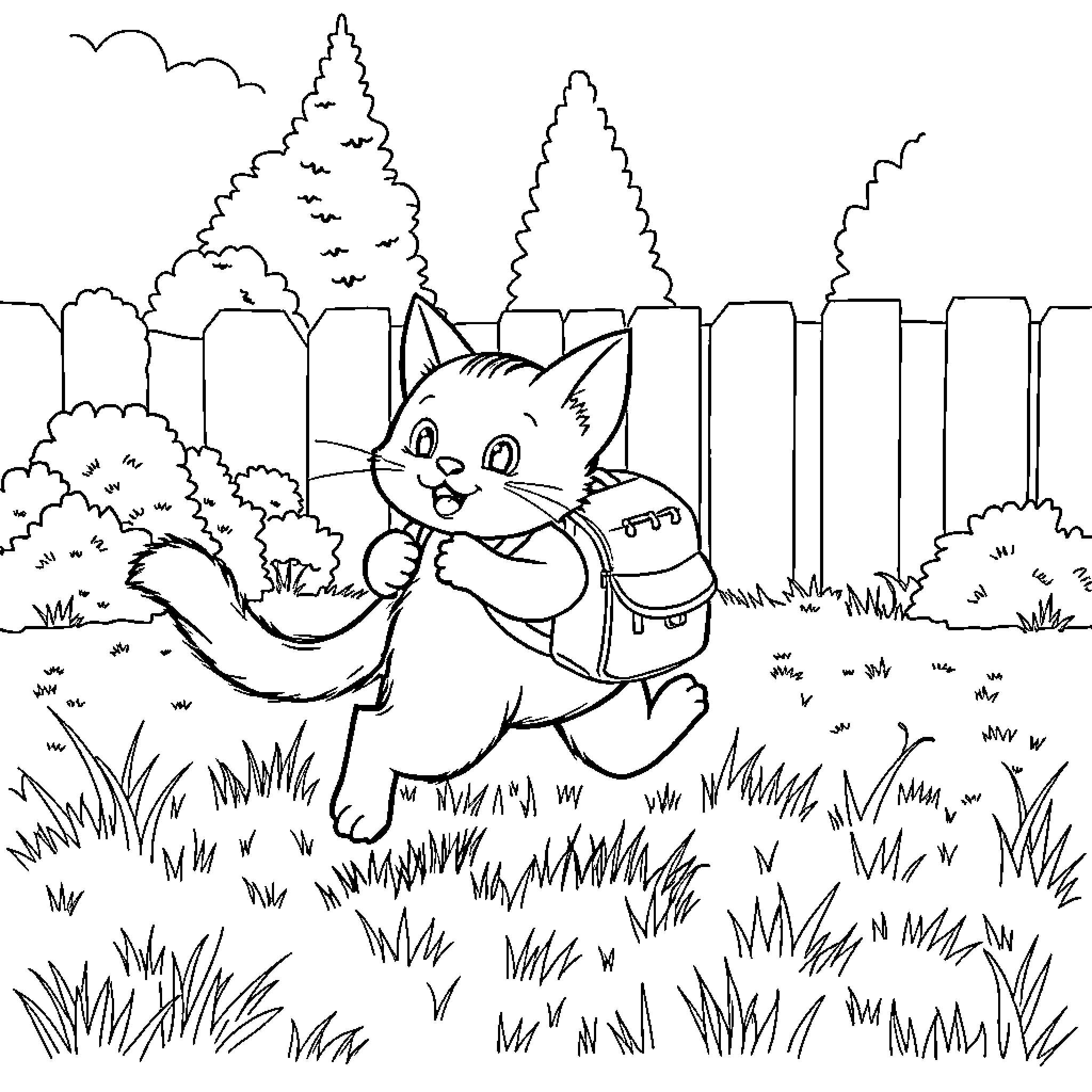 Cat exploring the outdoors with a backpack Coloring Page (free black-and-white line drawing printable PDF for all, from beginners to advanced learners, including children, teens, adults, and seniors)