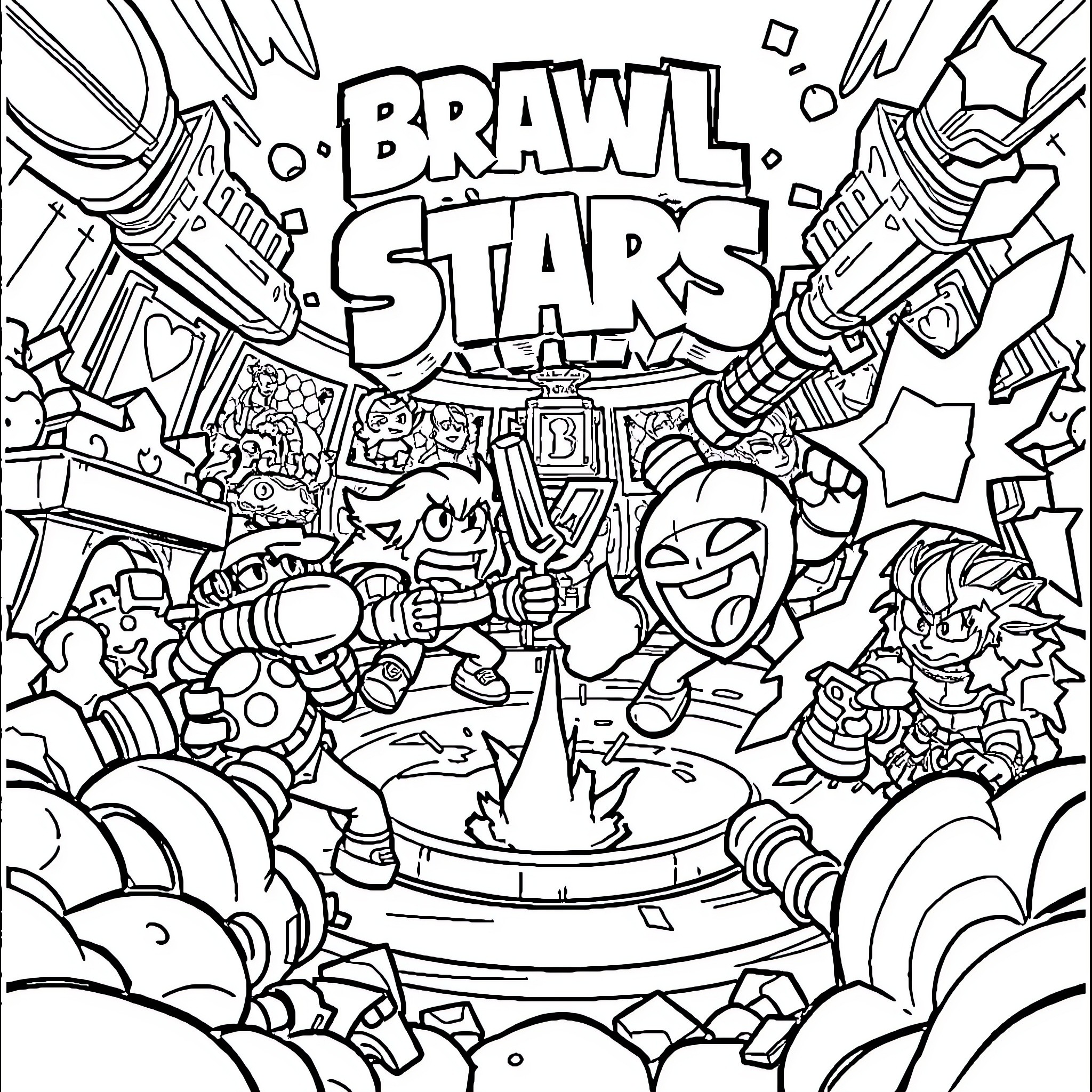 Brawl Stars: Chaotic battle scene with characters in action Coloring Page (free black-and-white line drawing printable PDF for all, from beginners to advanced learners, including children, teens, adults, and seniors)