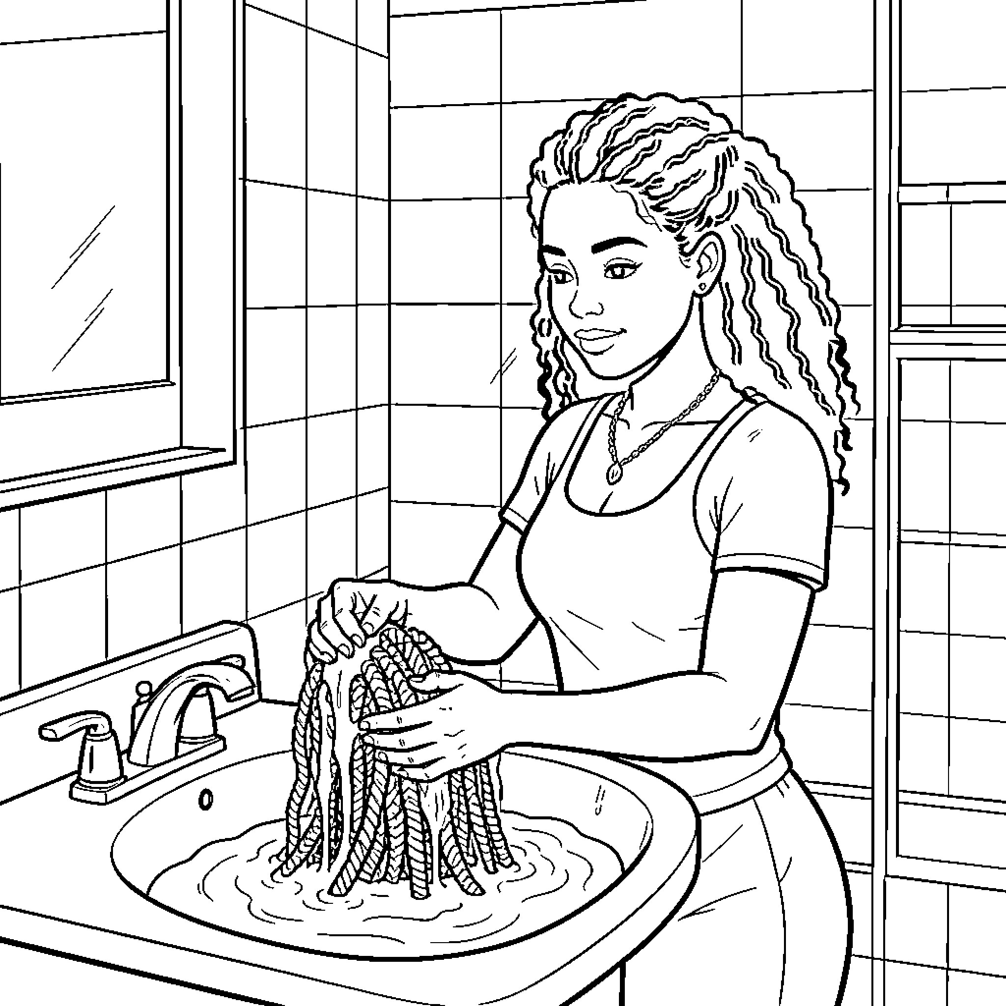 Woman washing hair in the bathroom Coloring Page (free black-and-white line drawing printable PDF for all, from beginners to advanced learners, including children, teens, adults, and seniors)