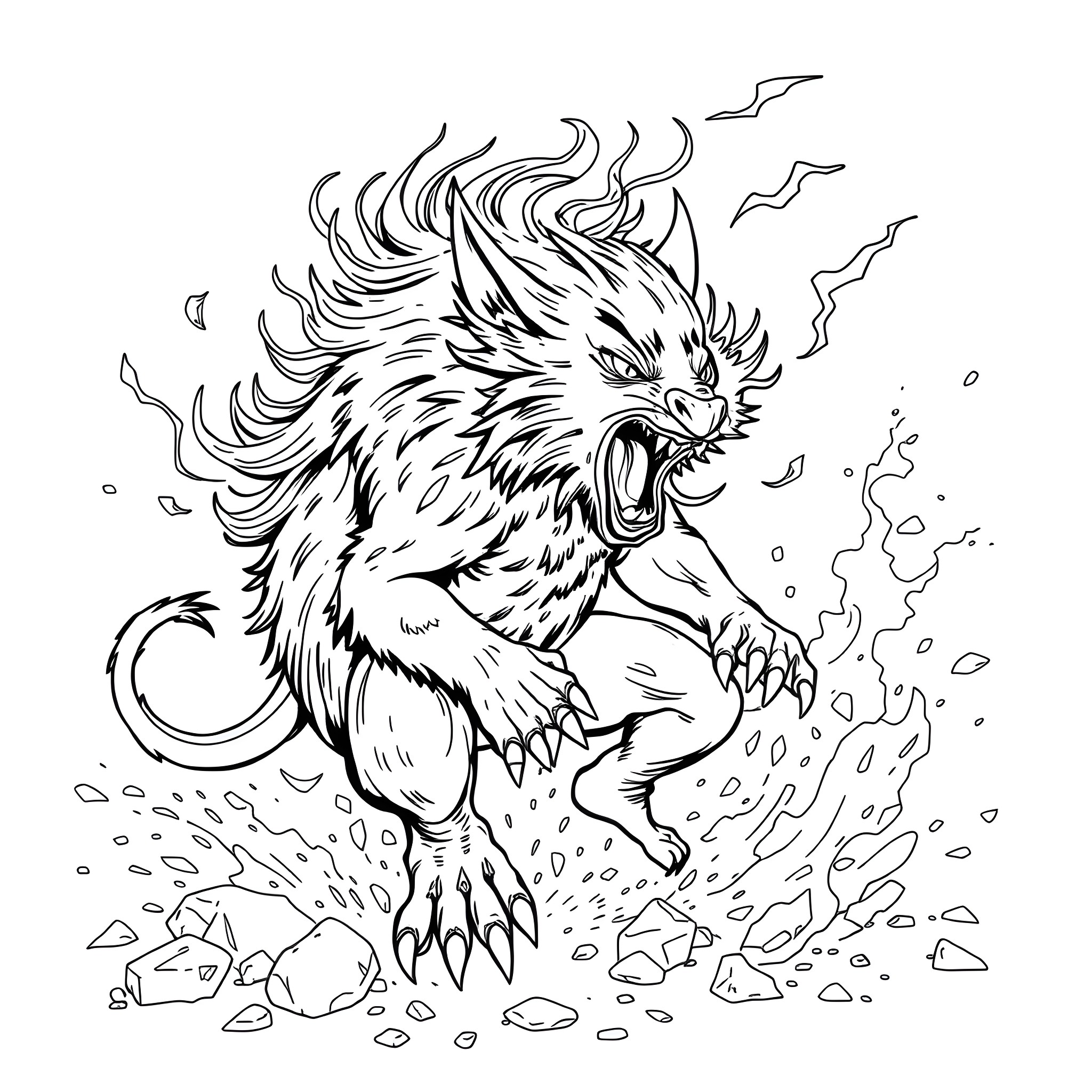 Taz the Furious Creature Unleashing Fiery Fury Coloring Page (free black-and-white line drawing printable PDF for all, from beginners to advanced learners, including children, teens, adults, and seniors)