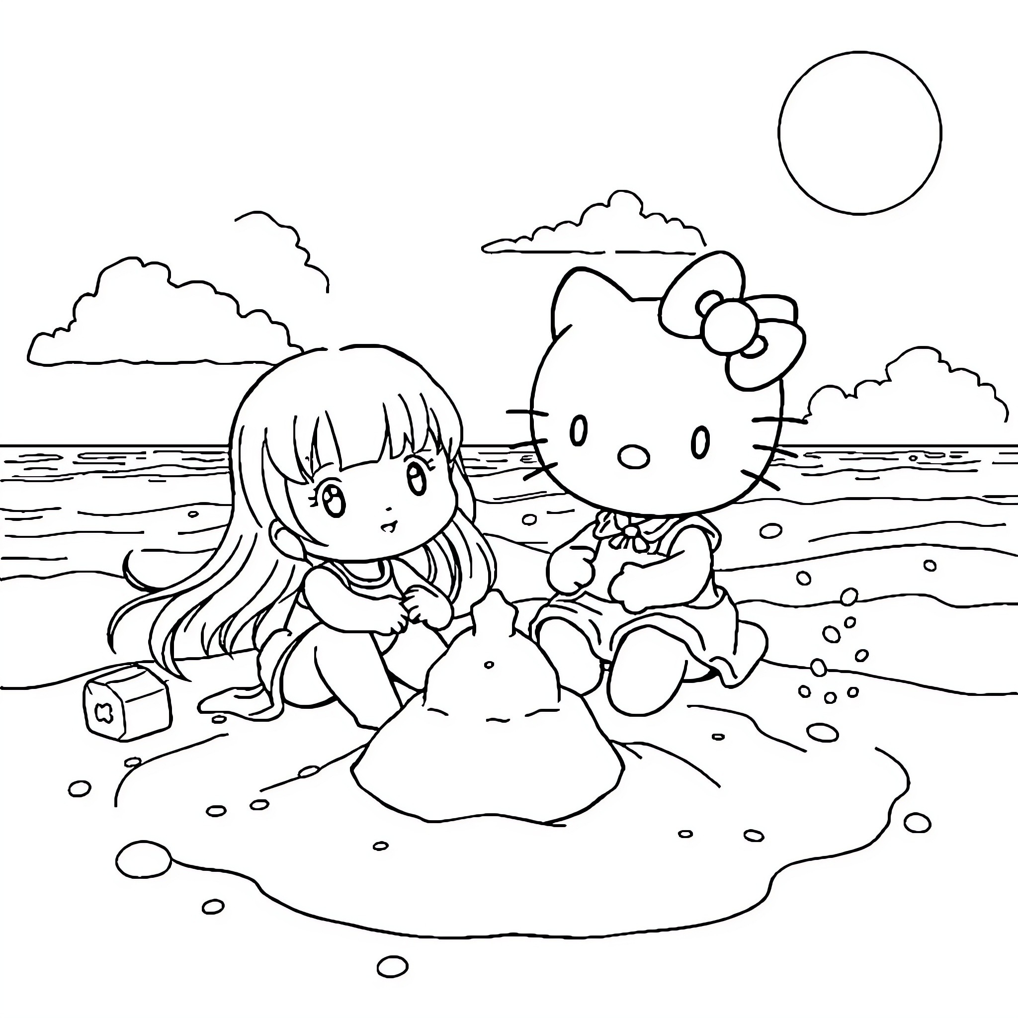 Kuromi and Hello Kitty playing in the beach sand Coloring Page (free black-and-white line drawing printable PDF for all, from beginners to advanced learners, including children, teens, adults, and seniors)