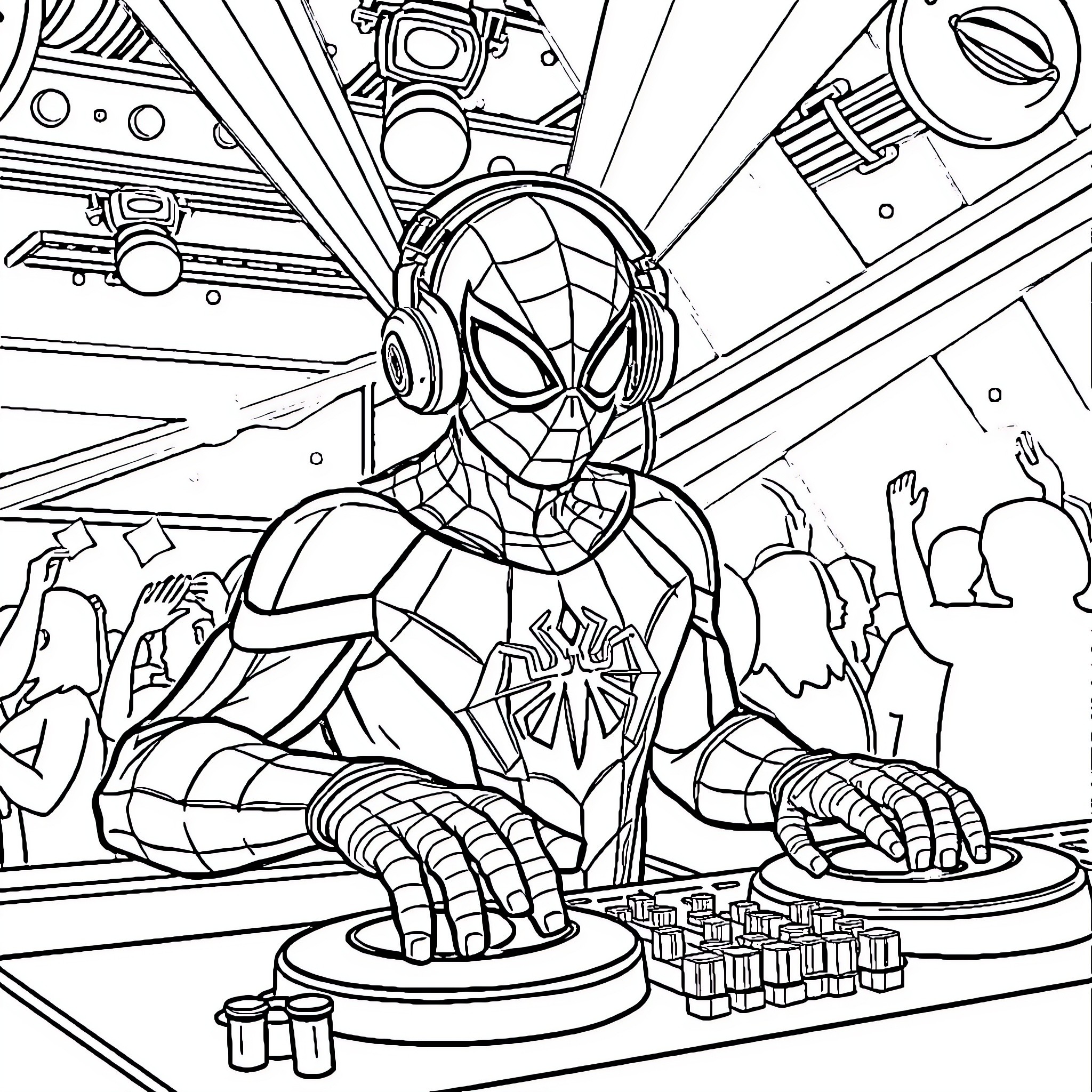 Spiderman performing on a stage with crowd Coloring Page (free black-and-white line drawing printable PDF for all, from beginners to advanced learners, including children, teens, adults, and seniors)