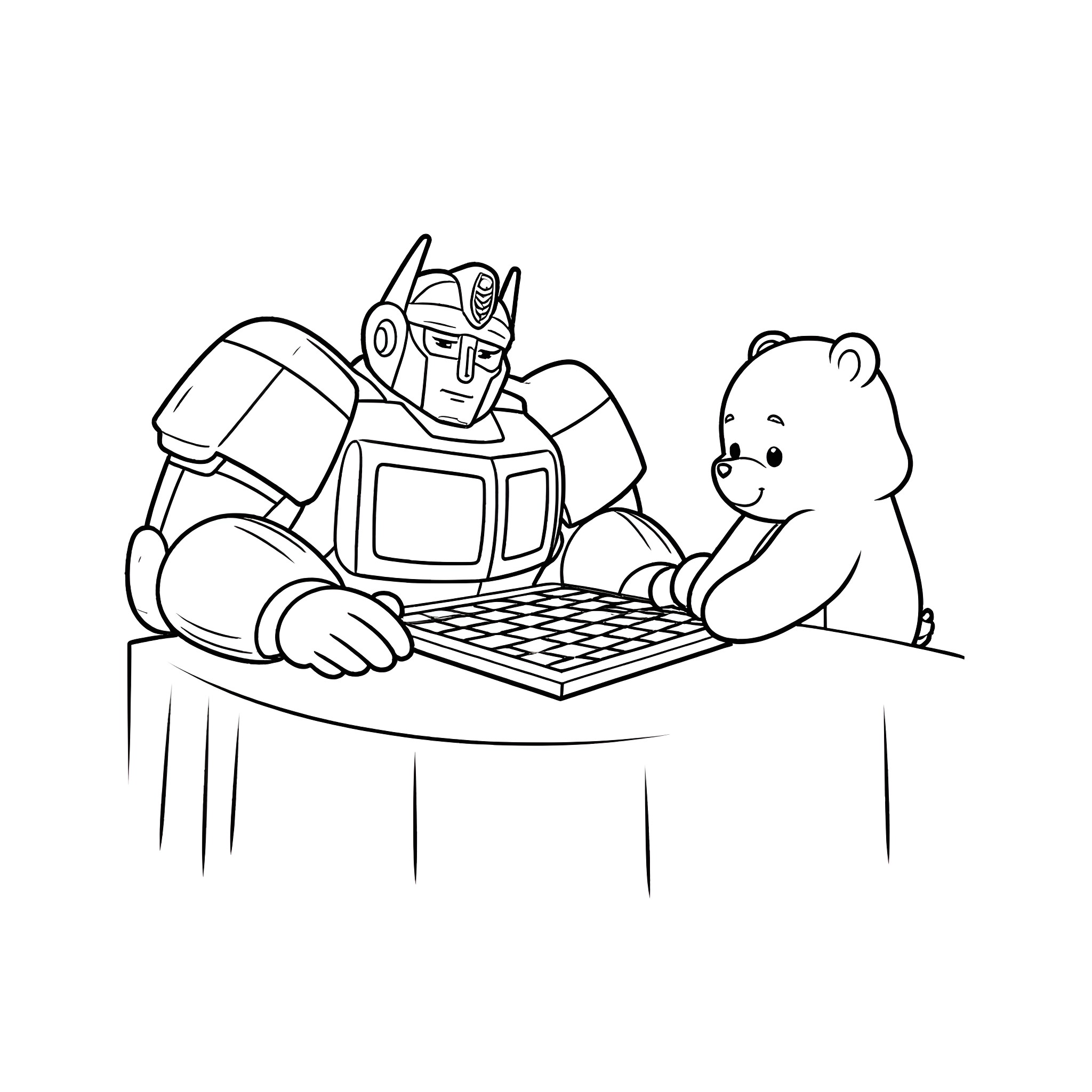 Optimus Prime and a Teddy Bear Playing Chess Coloring Page (free black-and-white line drawing printable PDF for all, from beginners to advanced learners, including children, teens, adults, and seniors)