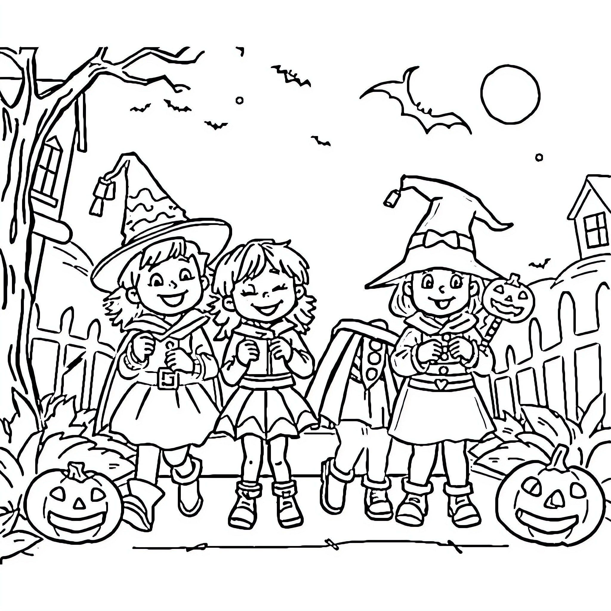 Halloween trick-or-treating in the neighborhood Coloring Page (free black-and-white line drawing printable PDF for all, from beginners to advanced learners, including children, teens, adults, and seniors)
