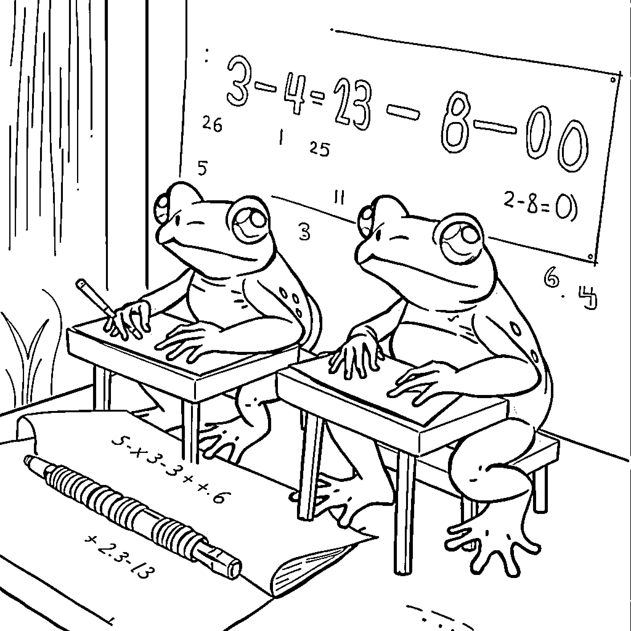 Frogs solving math problems at desks Coloring Page (free black-and-white line drawing printable PDF for all, from beginners to advanced learners, including children, teens, adults, and seniors)