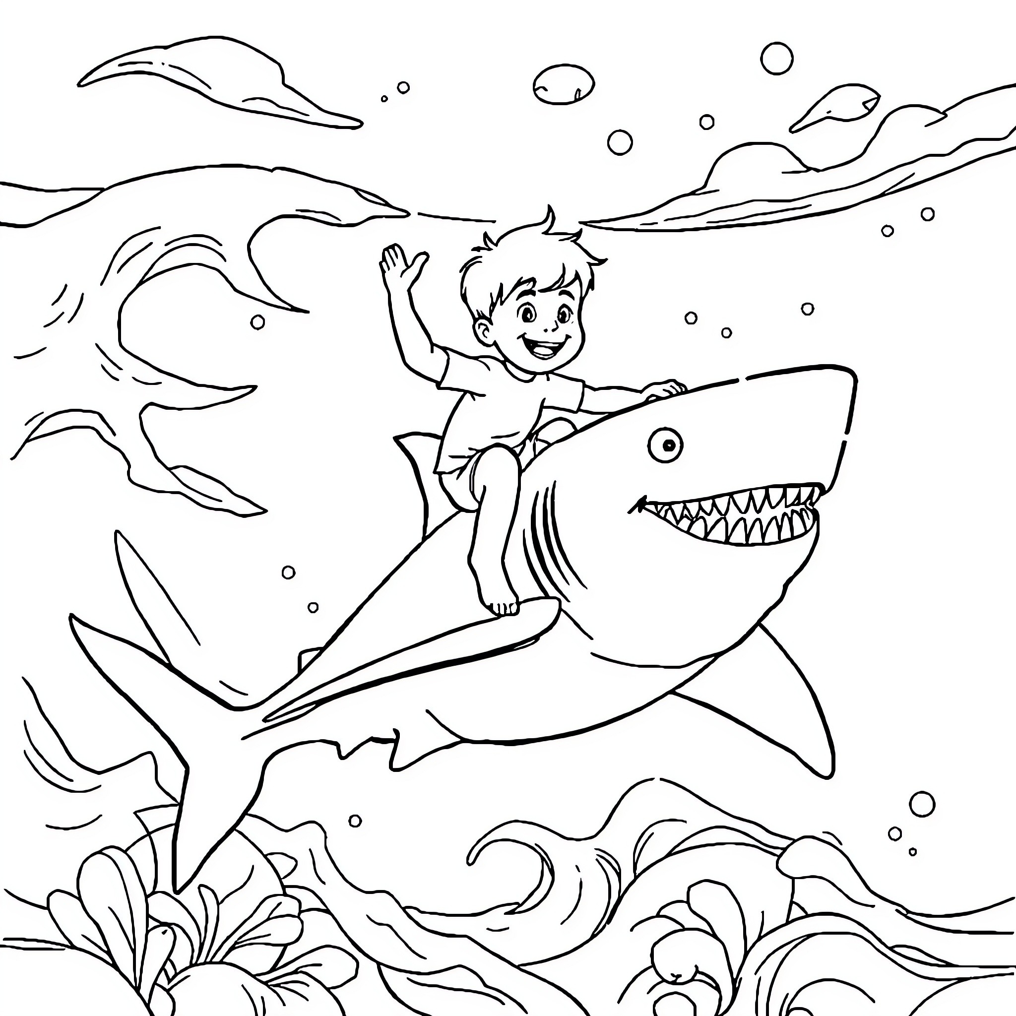 Boy riding a shark in the ocean Coloring Page (free black-and-white line drawing printable PDF for all, from beginners to advanced learners, including children, teens, adults, and seniors)