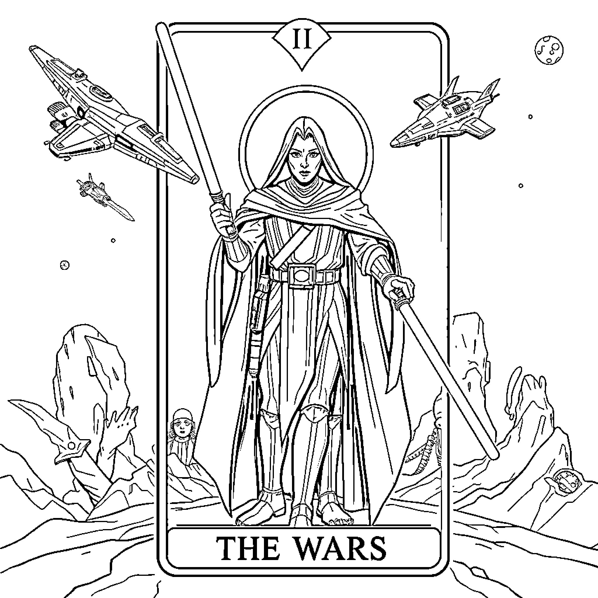 Fool battles in the cosmic wars Coloring Page (free black-and-white line drawing printable PDF for all, from beginners to advanced learners, including children, teens, adults, and seniors)