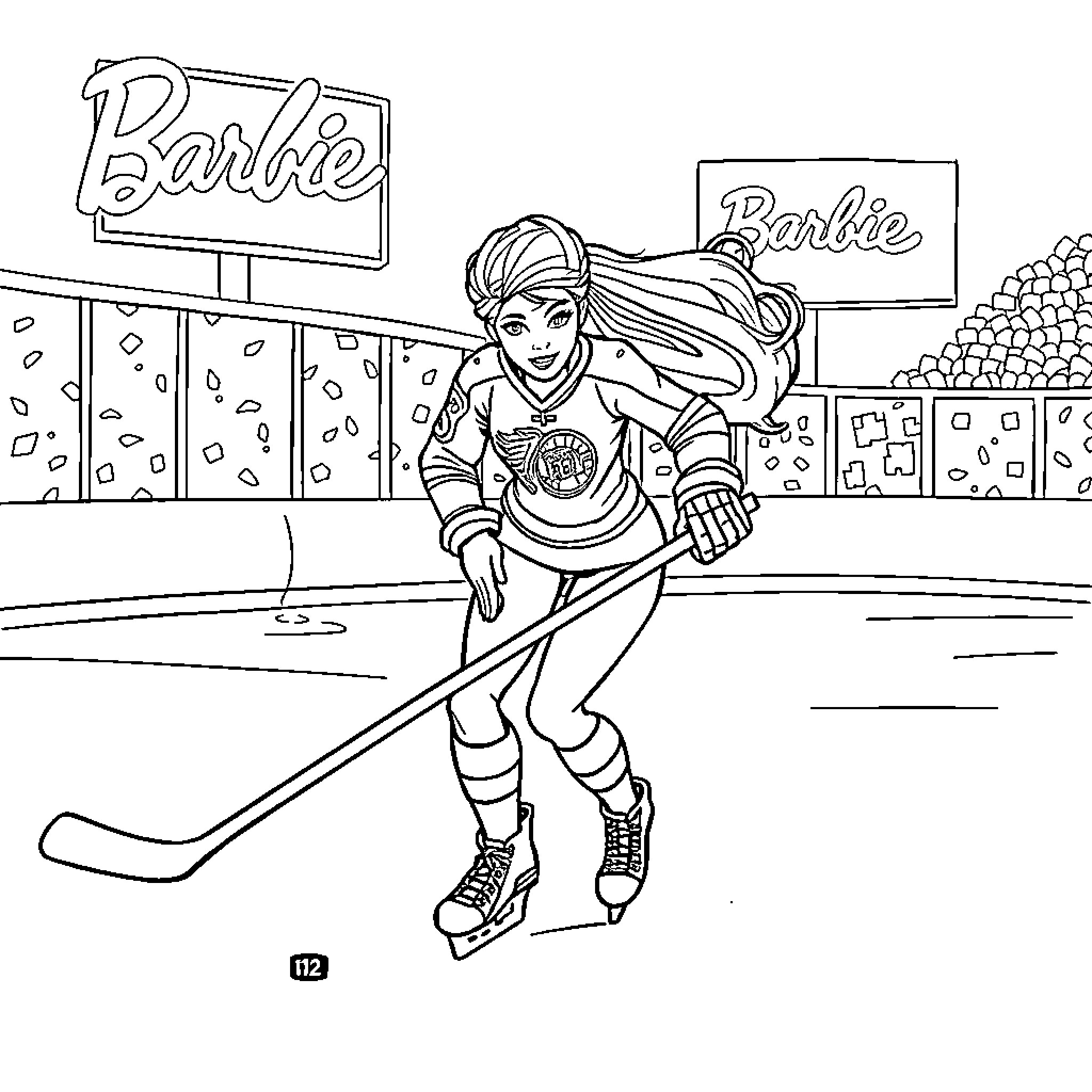 Barbie playing ice hockey in the rink Coloring Page (free black-and-white line drawing printable PDF for all, from beginners to advanced learners, including children, teens, adults, and seniors)