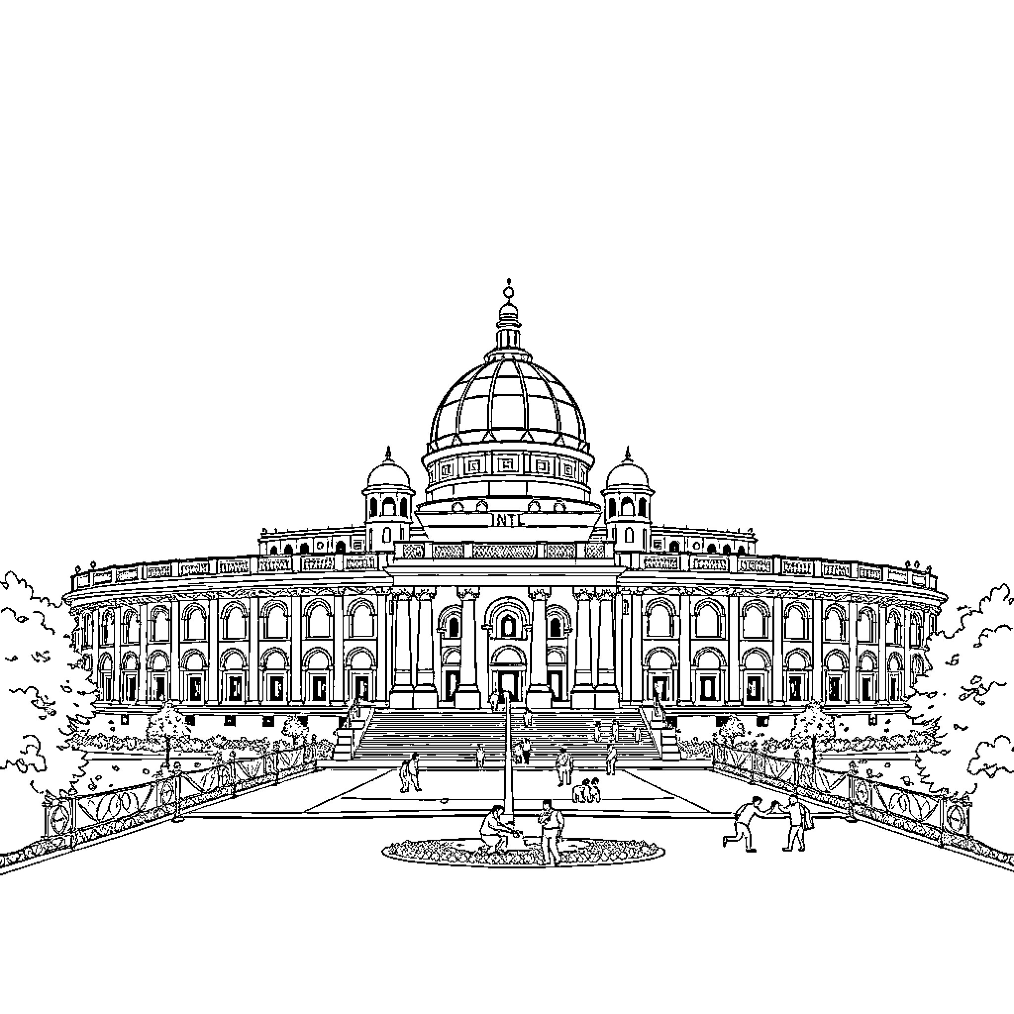 Parliament Building's Elegant Architecture and Surroundings Coloring Page (free black-and-white line drawing printable PDF for all, from beginners to advanced learners, including children, teens, adults, and seniors)