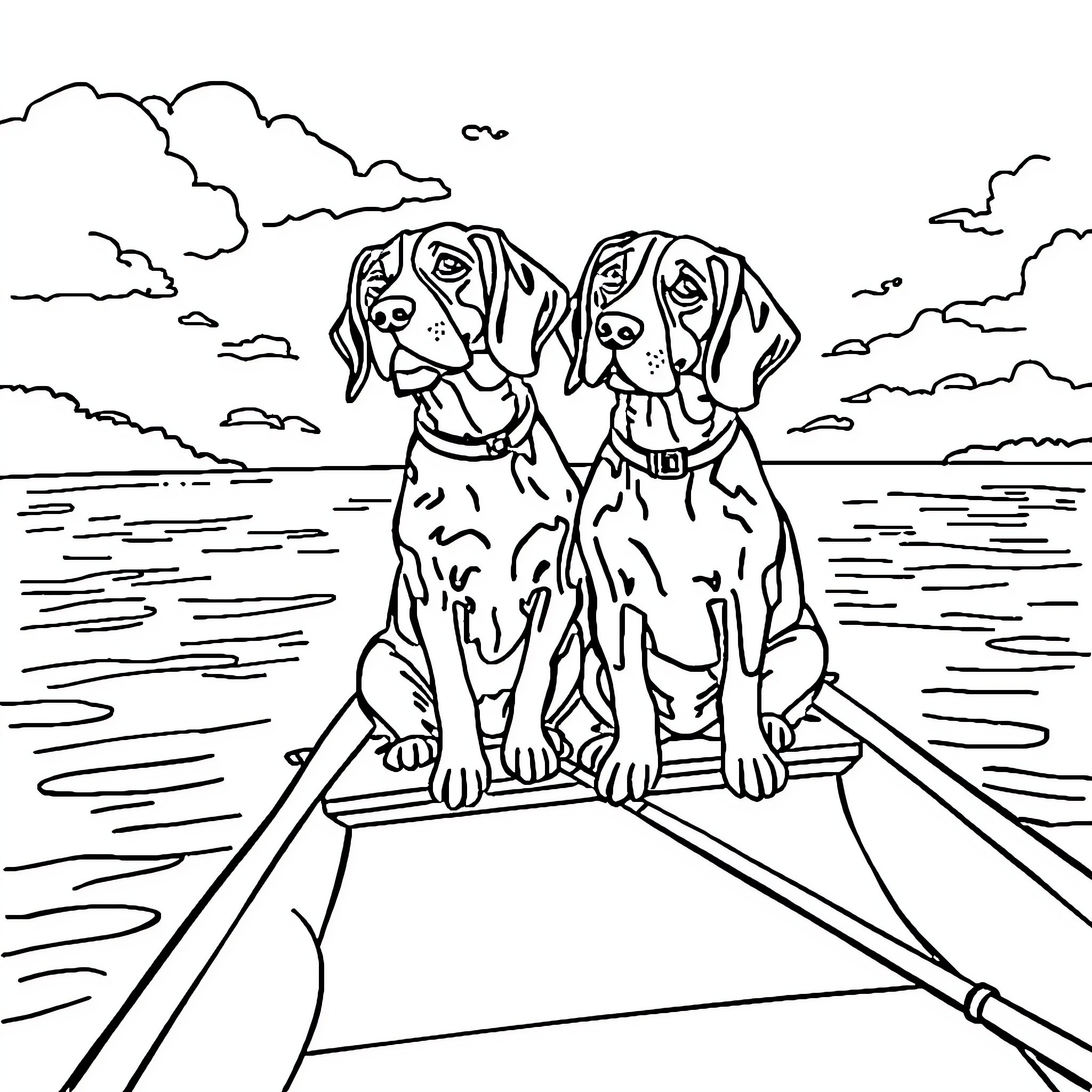 Beagles Enjoying a Scenic Boat Ride Coloring Page (free black-and-white line drawing printable PDF for all, from beginners to advanced learners, including children, teens, adults, and seniors)