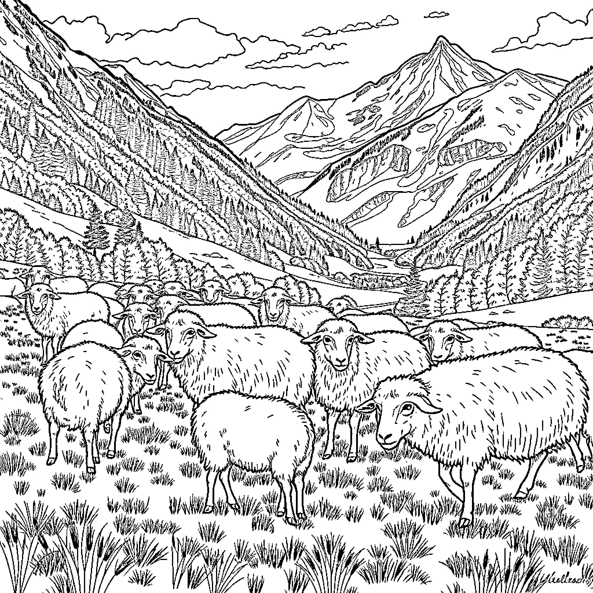 Sheep grazing peacefully in the mountain landscape Coloring Page (free black-and-white line drawing printable PDF for all, from beginners to advanced learners, including children, teens, adults, and seniors)
