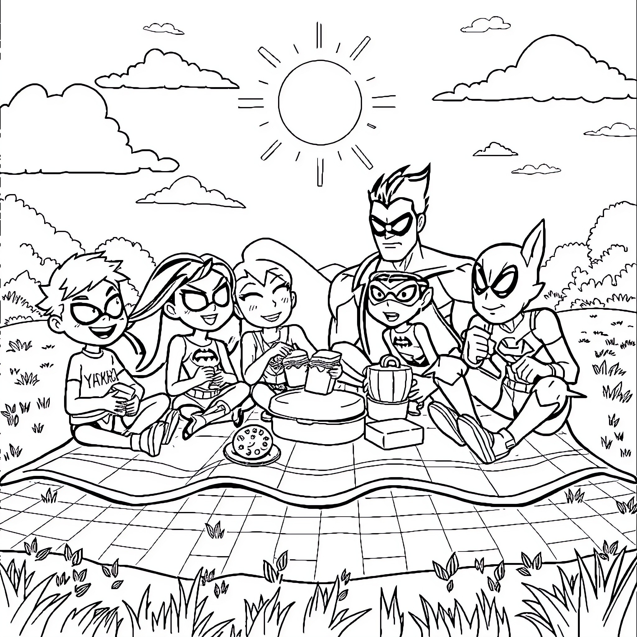 Teen Titans enjoying a picnic in the park Coloring Page (free black-and-white line drawing printable PDF for all, from beginners to advanced learners, including children, teens, adults, and seniors)