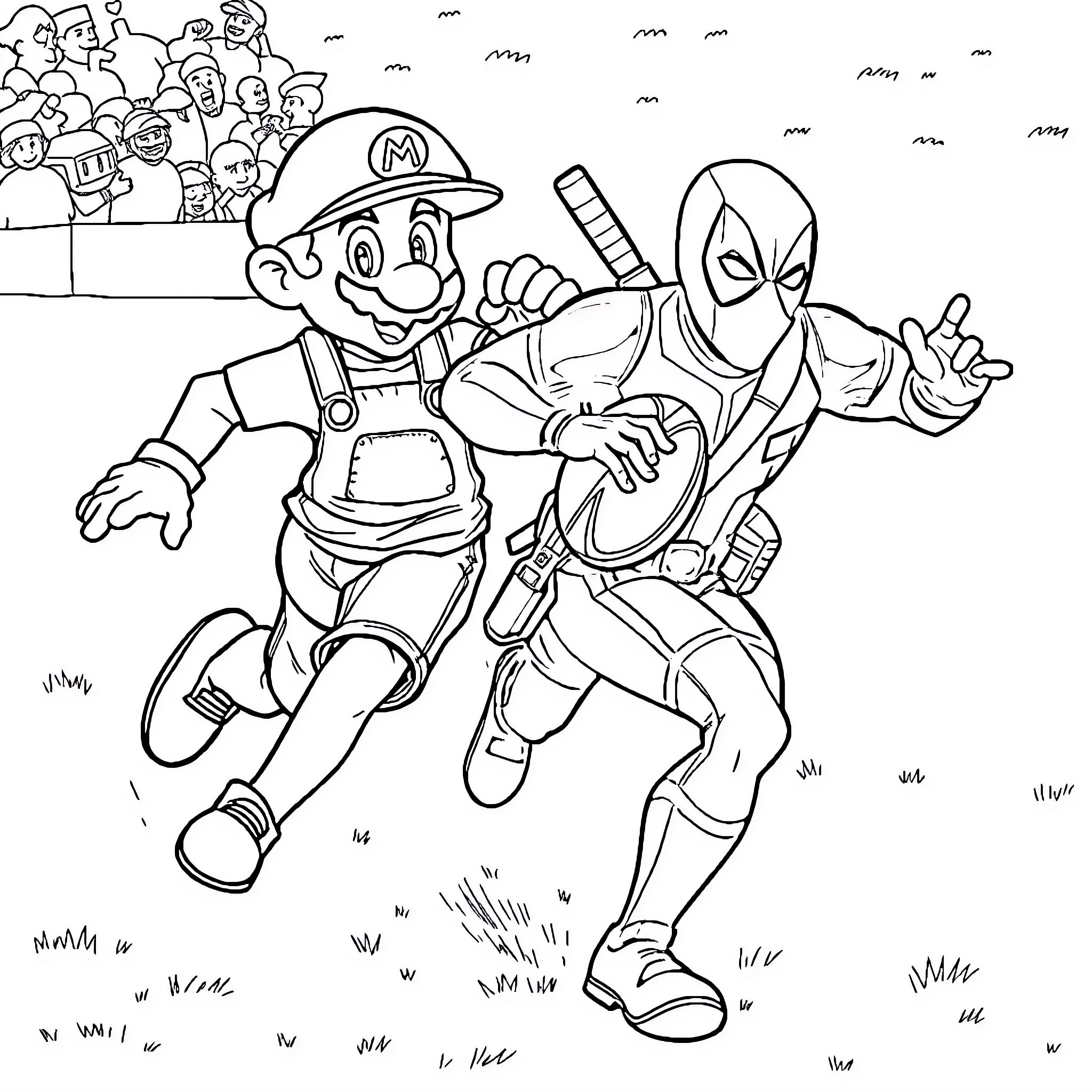 Deadpool and Mario Engage in Playful Antics Coloring Page (free black-and-white line drawing printable PDF for all, from beginners to advanced learners, including children, teens, adults, and seniors)