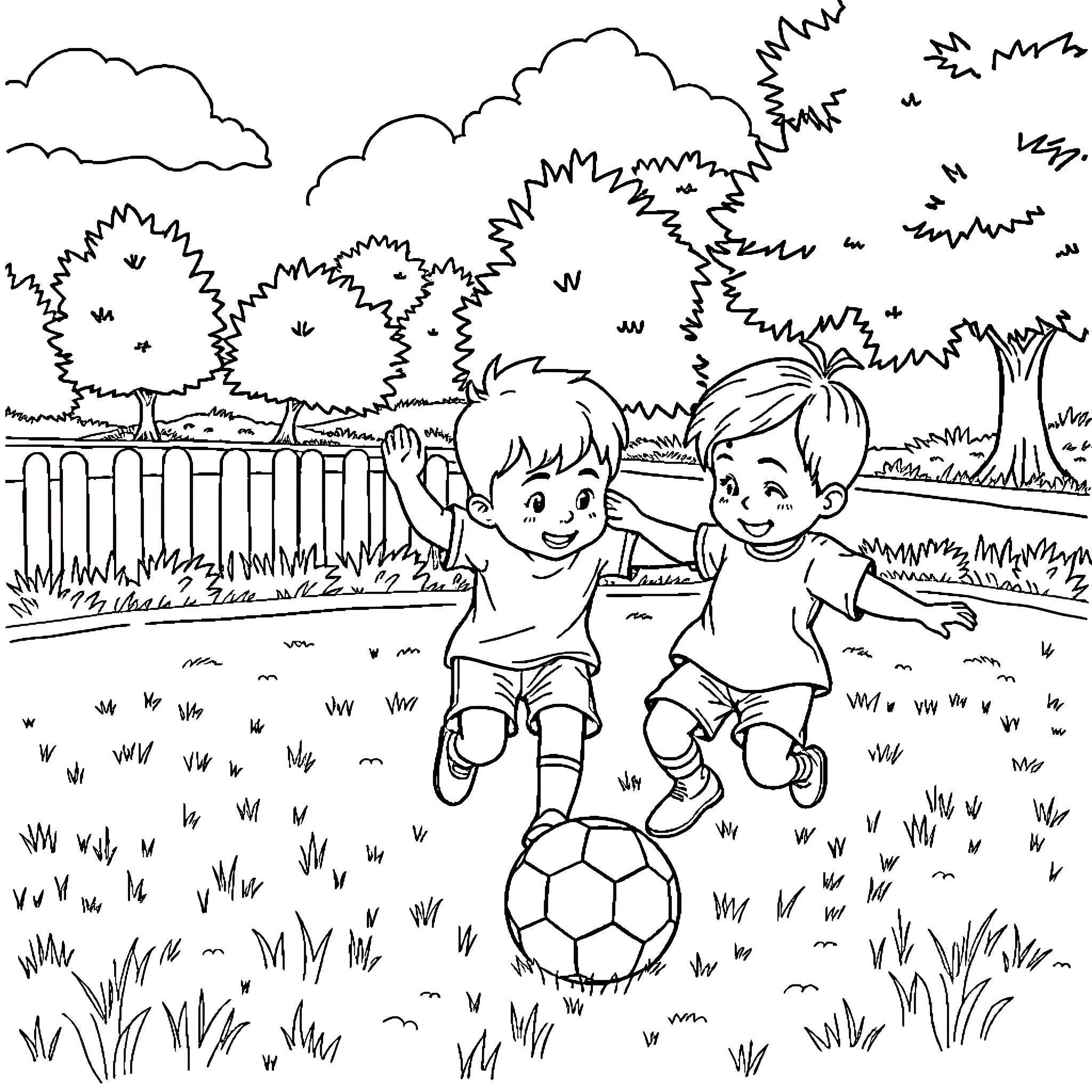 Child playing soccer in a park Coloring Page (free black-and-white line drawing printable PDF for all, from beginners to advanced learners, including children, teens, adults, and seniors)