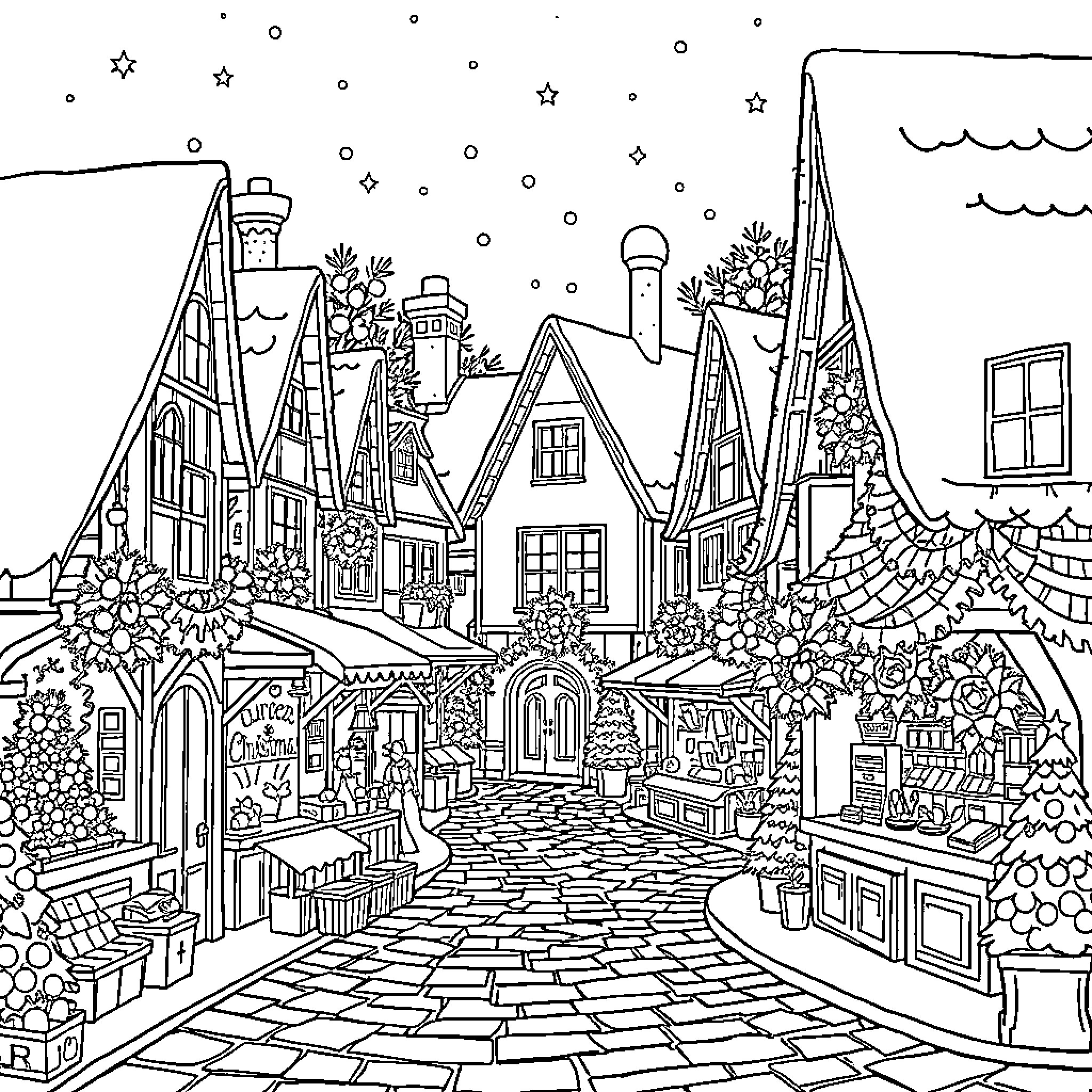 Village scenes with bustling activity and charming architecture Coloring Page (free black-and-white line drawing printable PDF for all, from beginners to advanced learners, including children, teens, adults, and seniors)